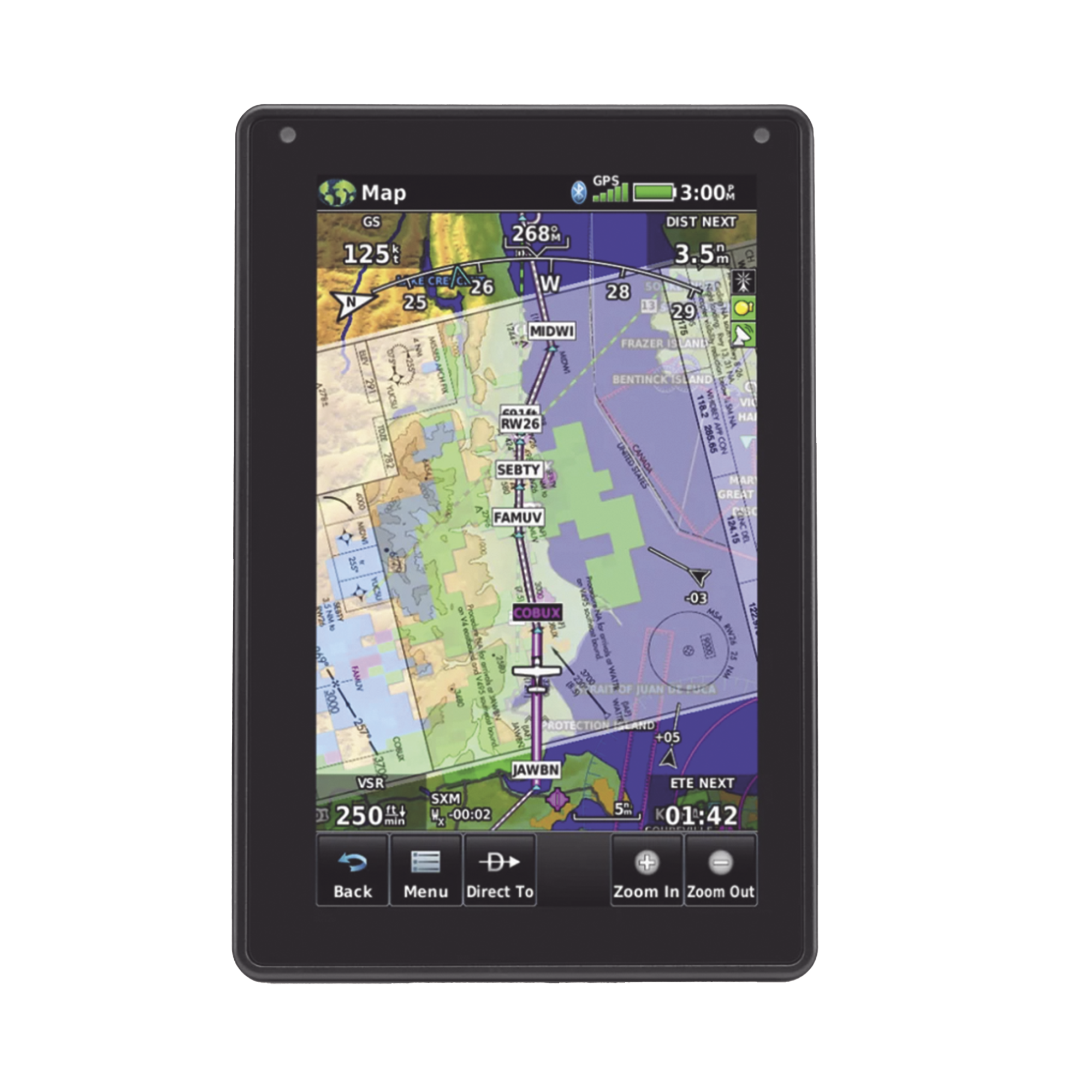 Navegador portátil aera 760, muestra información de trafico aéreo y una excelente visualización por medio de su pantalla con visión 3D touch screen.
