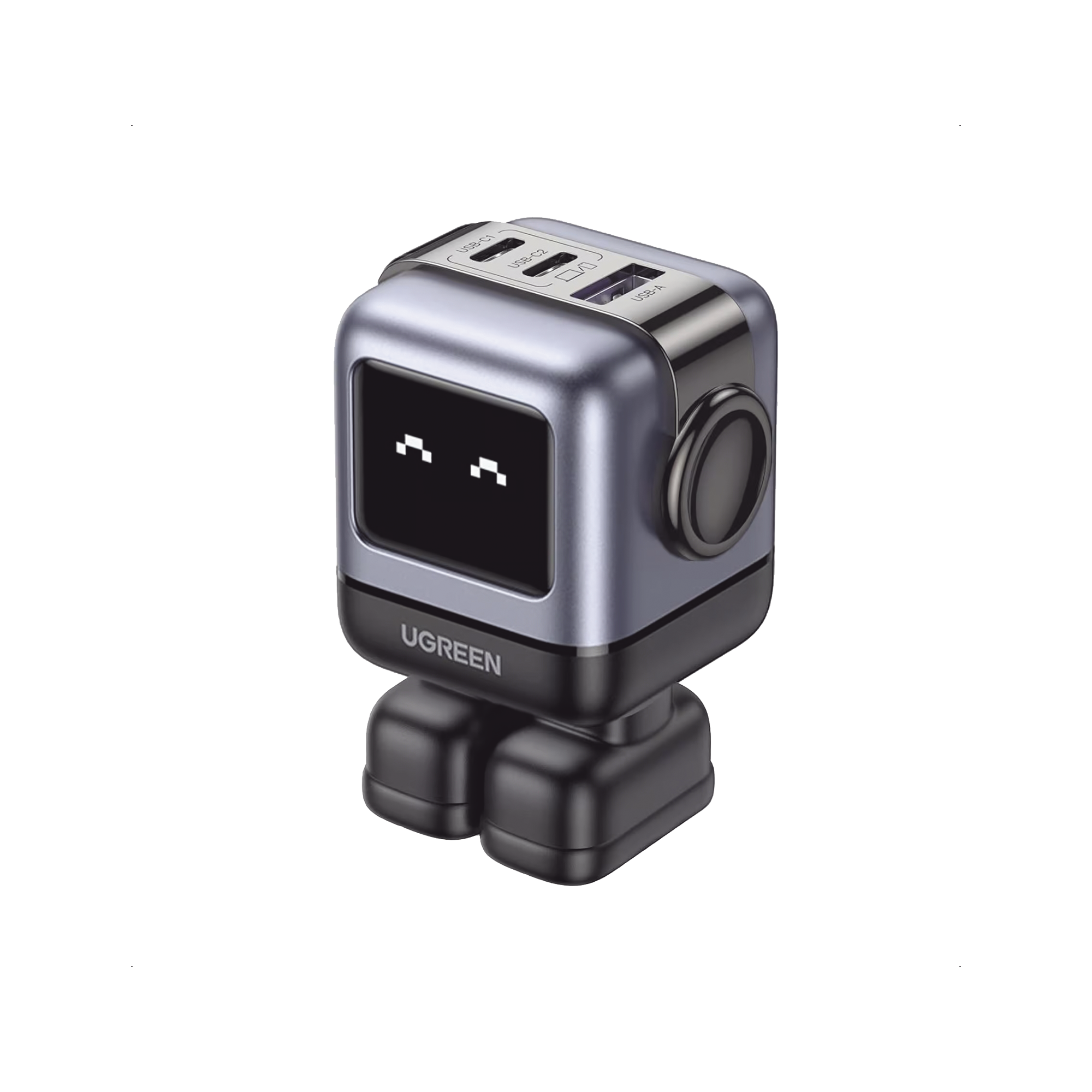 Cargador RobotGaN de 65W Serie UNO | 3 Puertos de Carga Rápida | 2 USB-C | 1 USB-A | PD 3.0 | QC 4.0 | Carga Inteligente | Tecnología GaN II | Zapato Magnético Extraíble | Carcasa Ignifuga | Pantalla LED