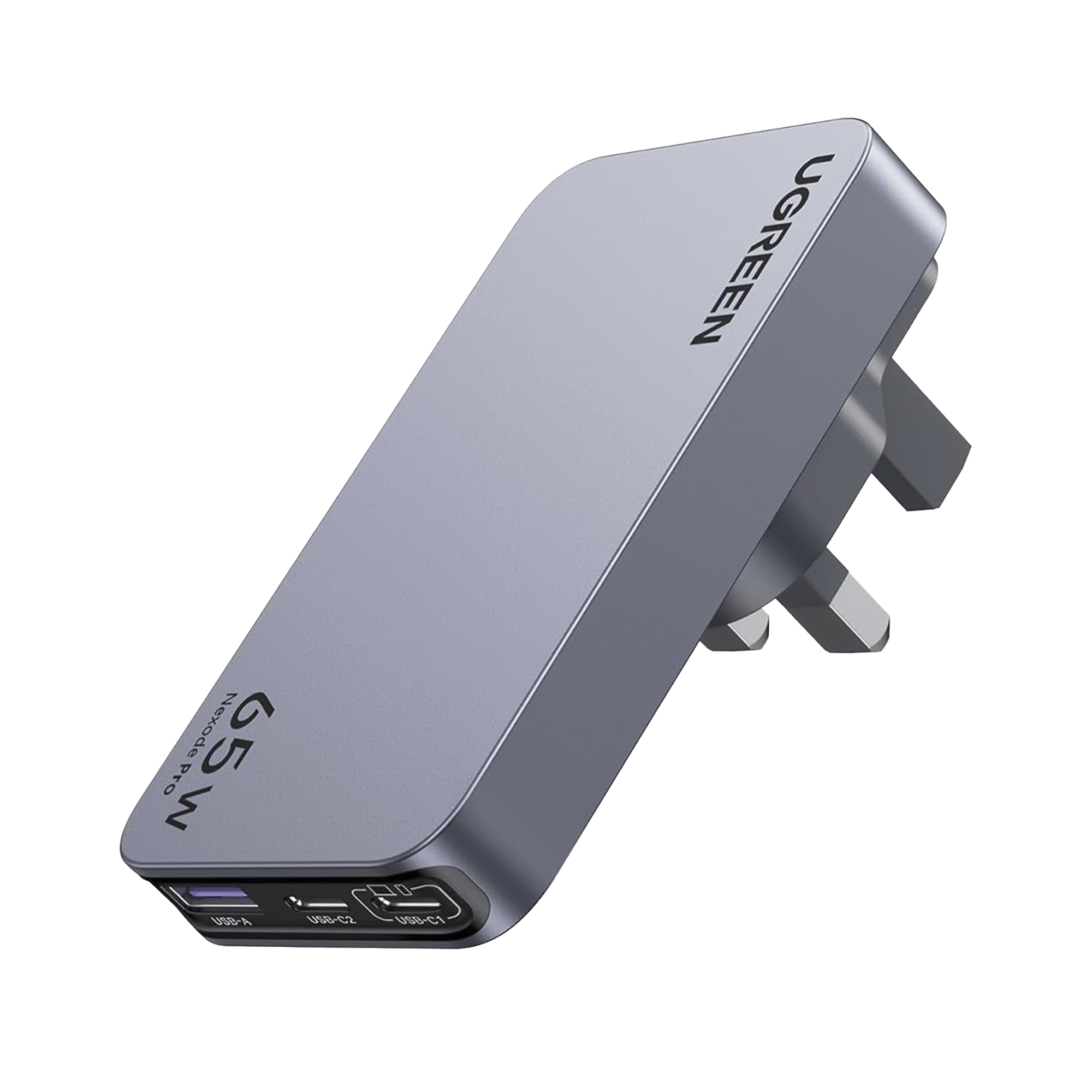 Cargador rápido de viaje GaN de 3 puertos y 65 W con enchufes de EE. UU., Reino Unido y UE.