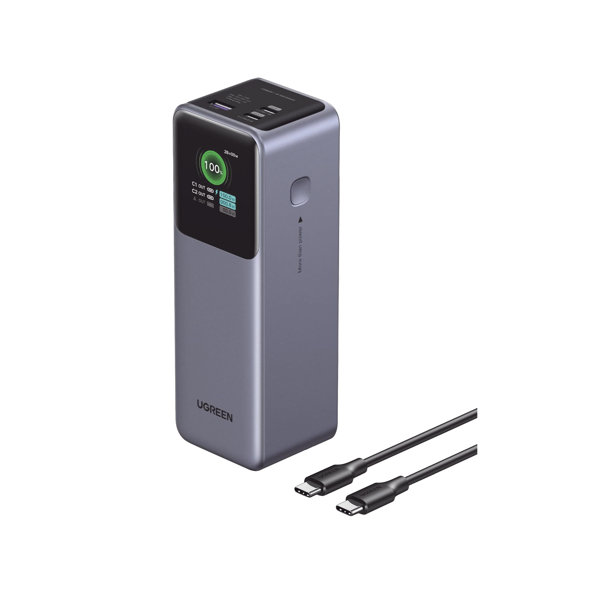 Power Bank de 20000mAh | 3 Salidas 100W Max. | USB-A + 2 USB-C | PD 3.0 | QC3.0 | FCP | SCP | Pantalla Inteligente | Carcasa Ignifuga | Color Gris | Incluye Cable USB de 50cm | Carga tu Laptop de Manera Segura.