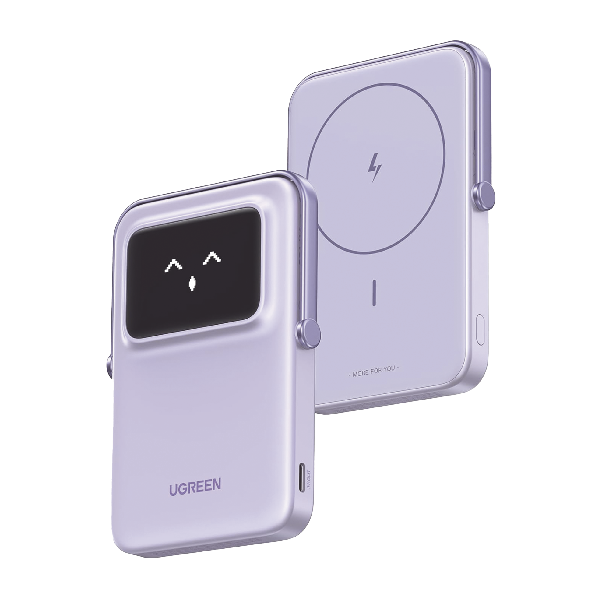 Power Bank Inalambrico | 5000mAh | 7.5W  |  Con Emojis de Estado | Carga Rápida USB-C Bidireccional  | Pantalla TFT  Inteligente | 13 niveles de Proteccion | Con Holder | Color Purple.