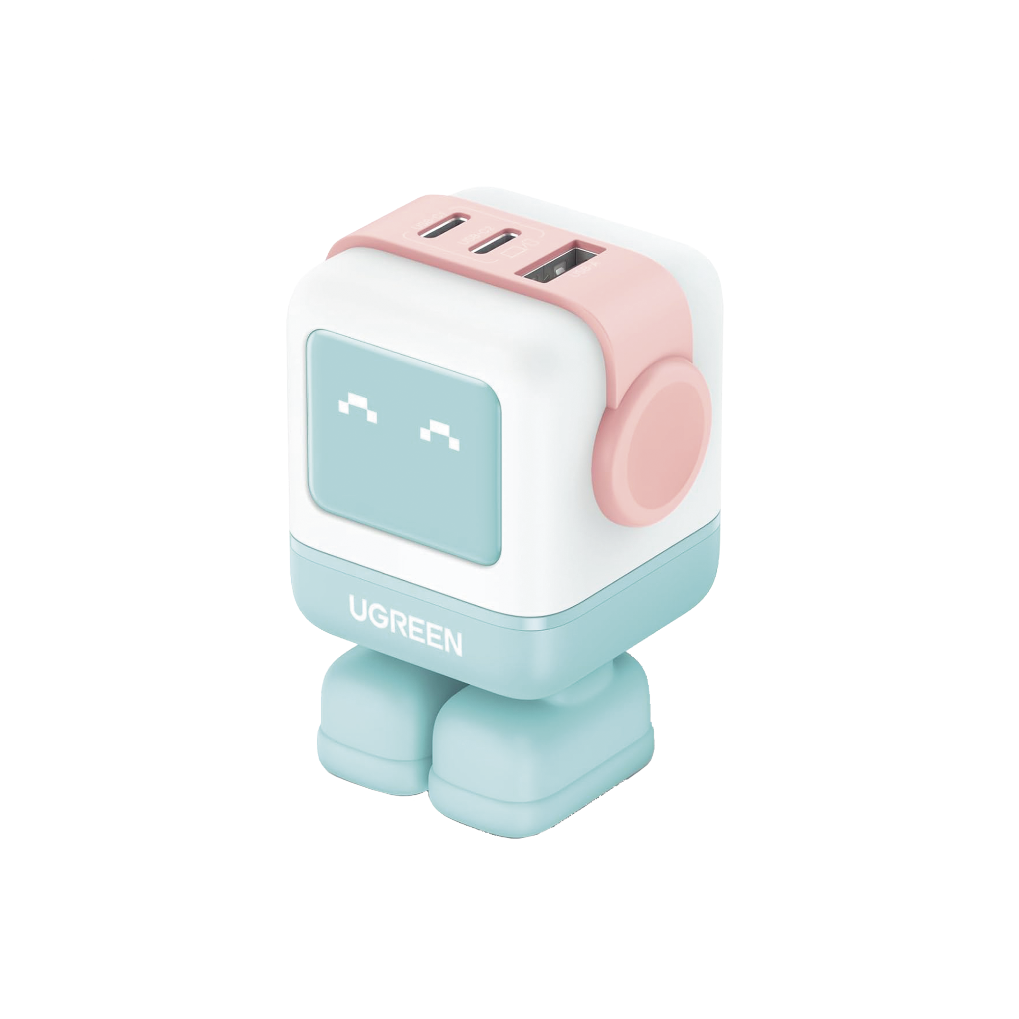 Cargador RobotGaN de 65W Serie UNO | 3 Puertos de Carga Rápida | 2 USB-C | 1 USB-A | PD 3.0 | QC 4.0 | Carga Inteligente | Tecnología GaN II | Zapato Magnético Extraíble | Carcasa Ignifuga | Pantalla LED.