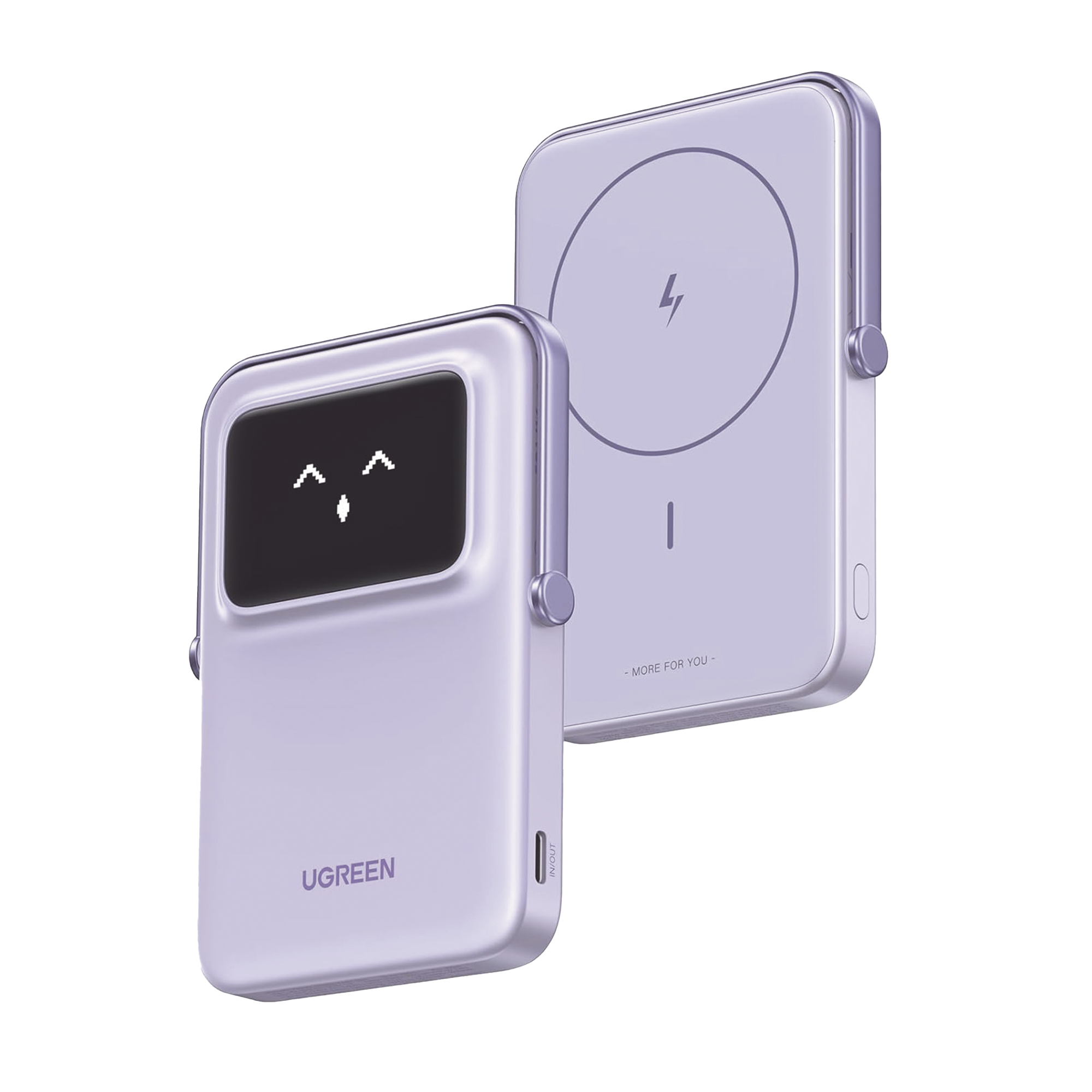 Power Bank Serie UNO Inalambrico | 10000mAh | 7.5W/20W  |  Con Emojis de Estado | Carga Rápida USB-C Bidireccional  | Pantalla TFT  Inteligente | Con Holder | Color Purple.