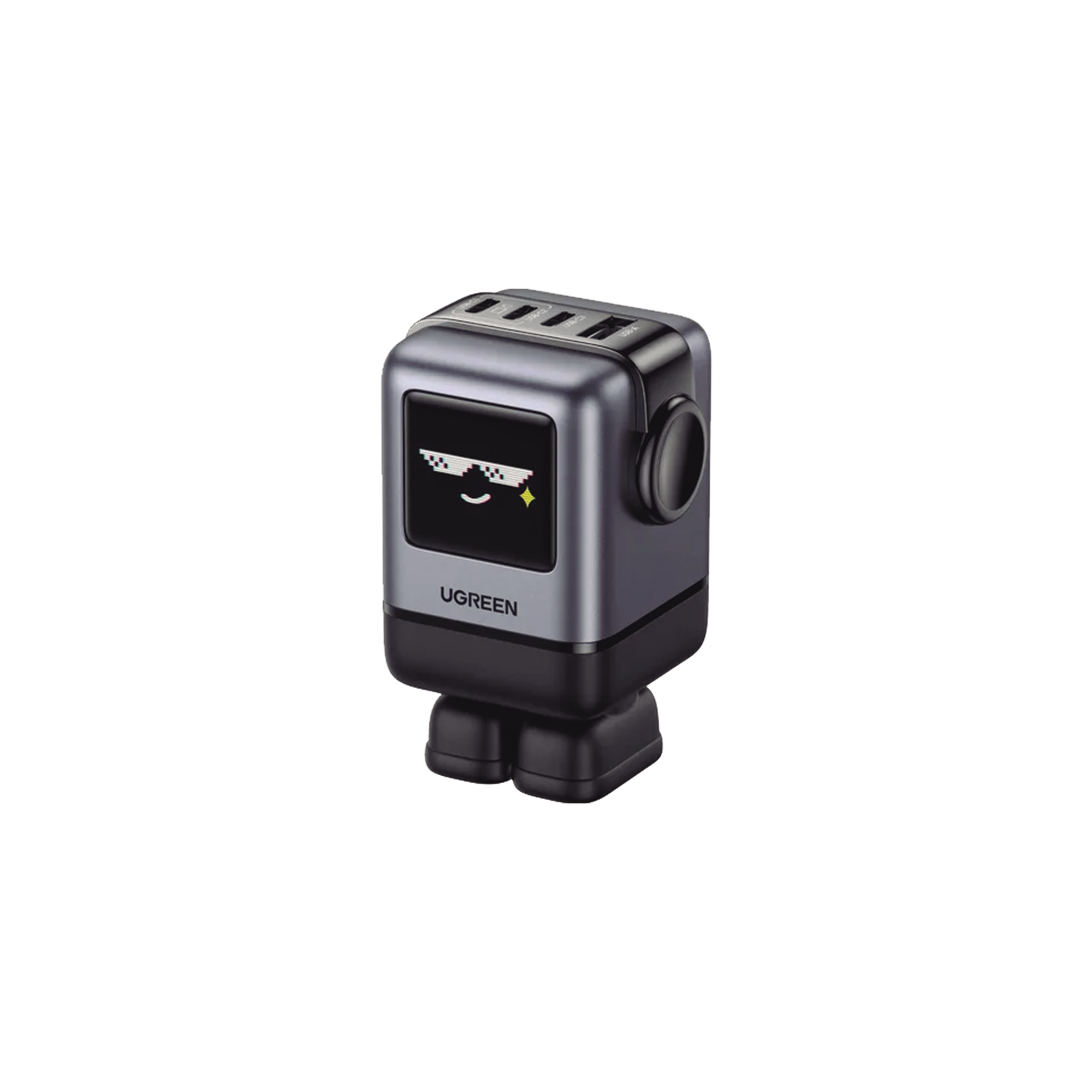 Cargador RobotGaN de 100W Serie UNO | 4 Puertos de Carga Rápida | 3 USB-C | 1 USB-A | PD 3.0 | QC 4.0 | Carga Inteligente | Tecnología GaN II | Zapato Magnético Extraíble | Carcasa Ignifuga | Pantalla LED