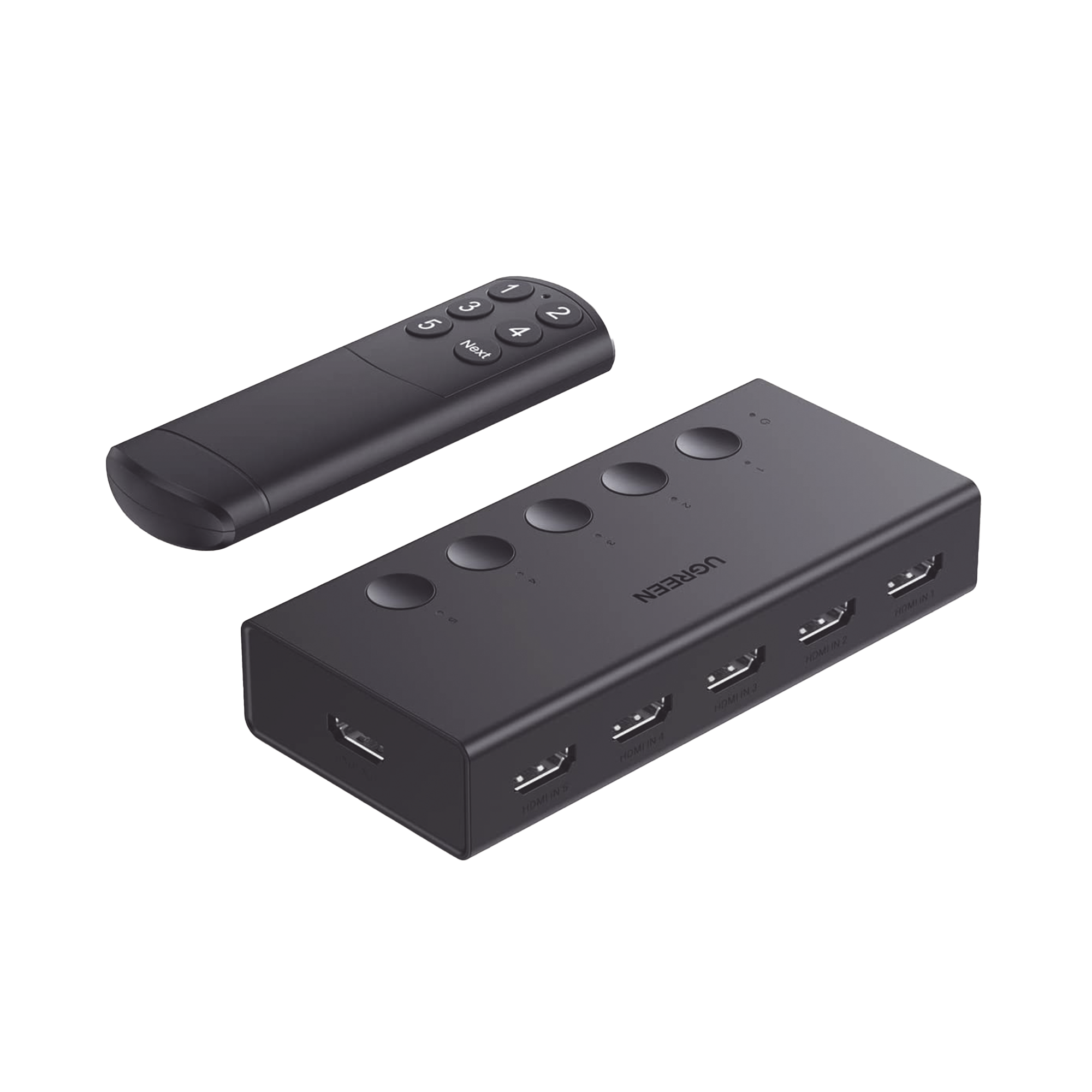 Conmutador HDMI 5X1 | 4K@60Hz | HDMI 2.0, 1.4 | HDCP 2.2, 1.4 | VRR | Dynamic HDR | 3D | CEC | EDID | IR 10m | 18Gbps | Cambio Manual y por Control Remoto | Incluye Cable de Alimentación USB.