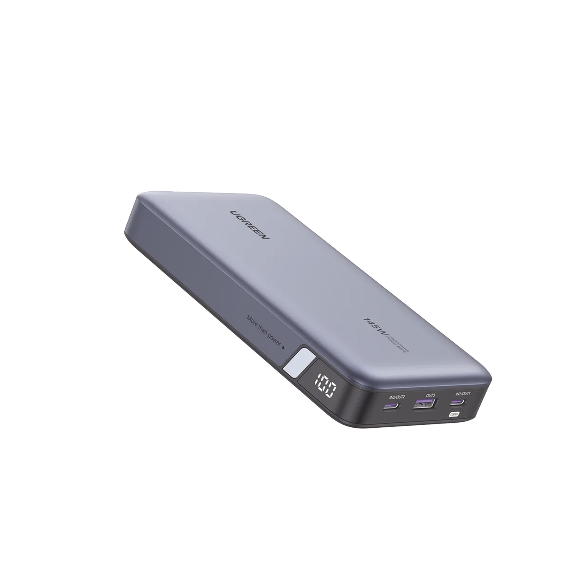 Power Bank de 25000mAh | 3 Salidas 145W Max. | USB-A + 2 USB-C | PD 3.0, QC3.0 | FCP | SCP | Pantalla Inteligente | Carcasa Ignifuga | Color Gris | Incluye Cable USB de 50cm | Carga tu Laptop de Manera Segura.