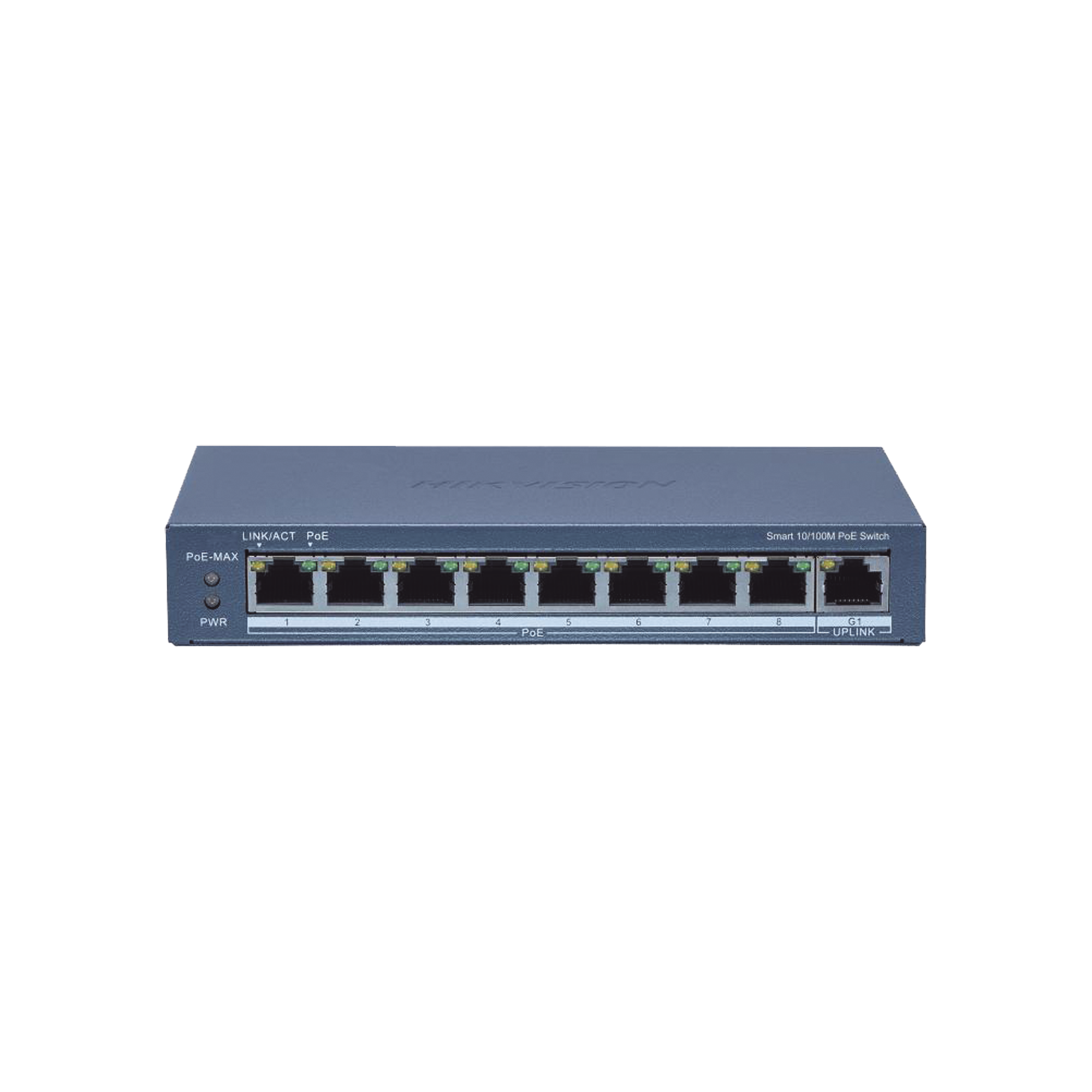 Switch Administrable PoE+ / 8 puertos 100 Mbps PoE+ / 1 puerto 1000 Mbps de Uplink / PoE hasta 300 Metros / Conexión Remota desde Hik-ParnerPro / 110 W