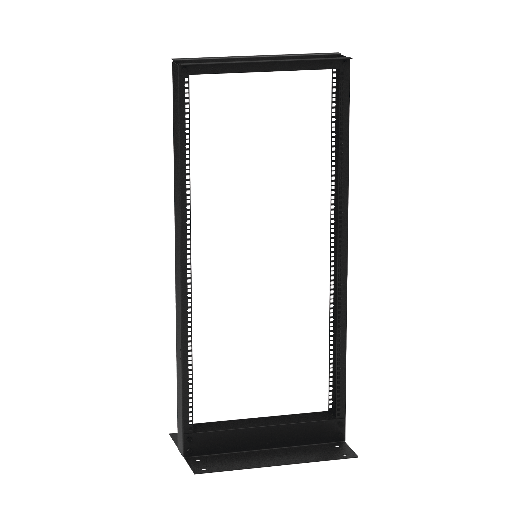 Rack de 2 Postes (Doble Perforación), Estándar 19", 24 Unidades, Fabricado en Acero, Base "L" para Anclar a Piso.
