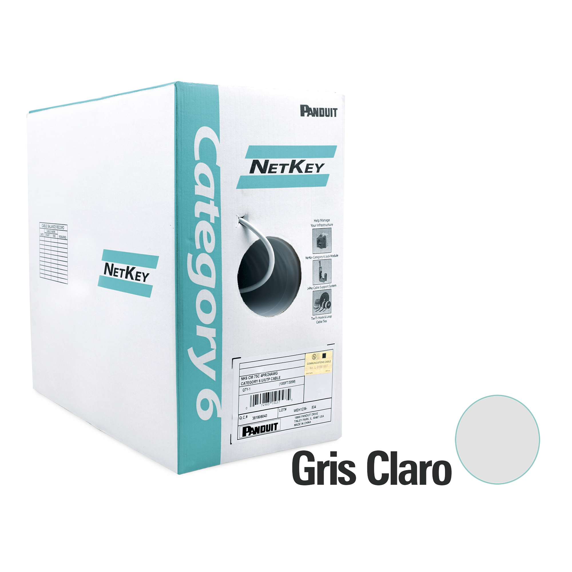 Bobina de Cable UTP 305 m. de Cobre, NetKey, Reelex, Gris, Categoría 6 (24 AWG), 1000Mbps, PVC (CM), de 4 pares