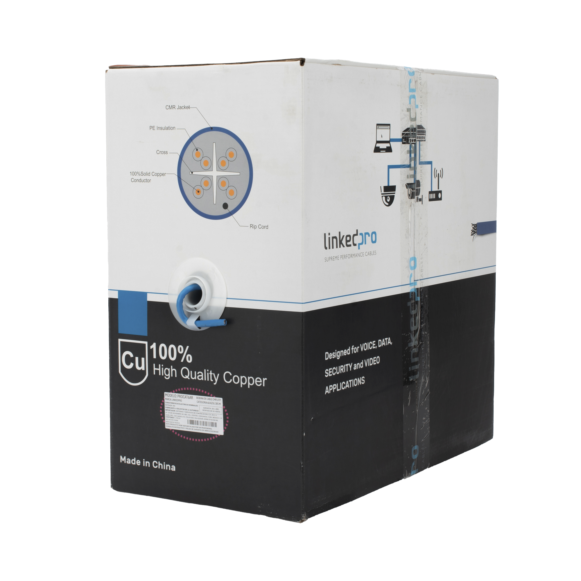 Bobina de cable U/UTP Cat6A de 305 mts, Color Azul, CMR, soporta 10G-BaseT para transmisión de frecuencias de hasta 500MHz, UL