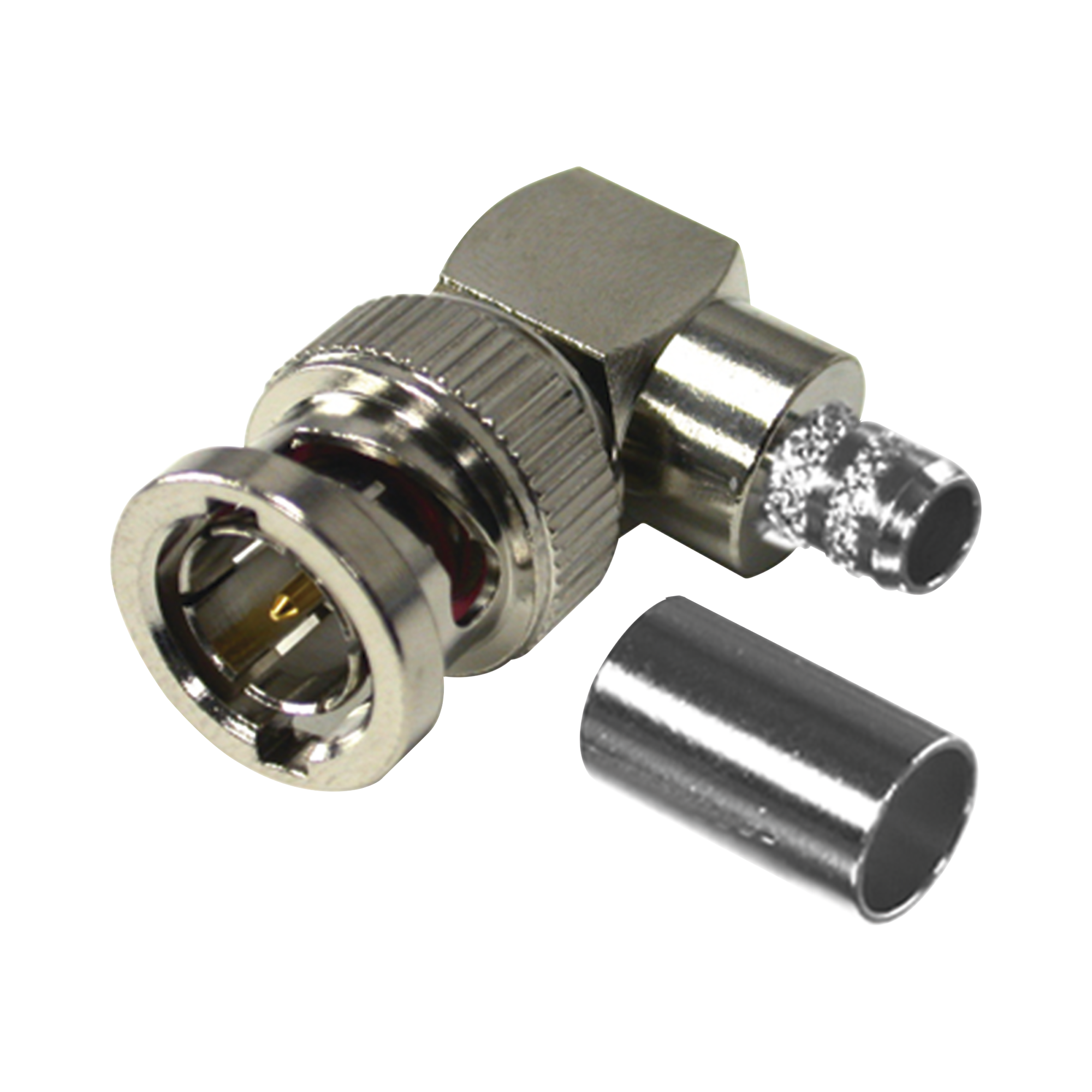 Conector BNC Macho en Ángulo Recto para 75 Ohm, Anillo Plegable en Cable Coaxial RG-6/U, Grupo Q, Níquel/ Oro/ Teflón.