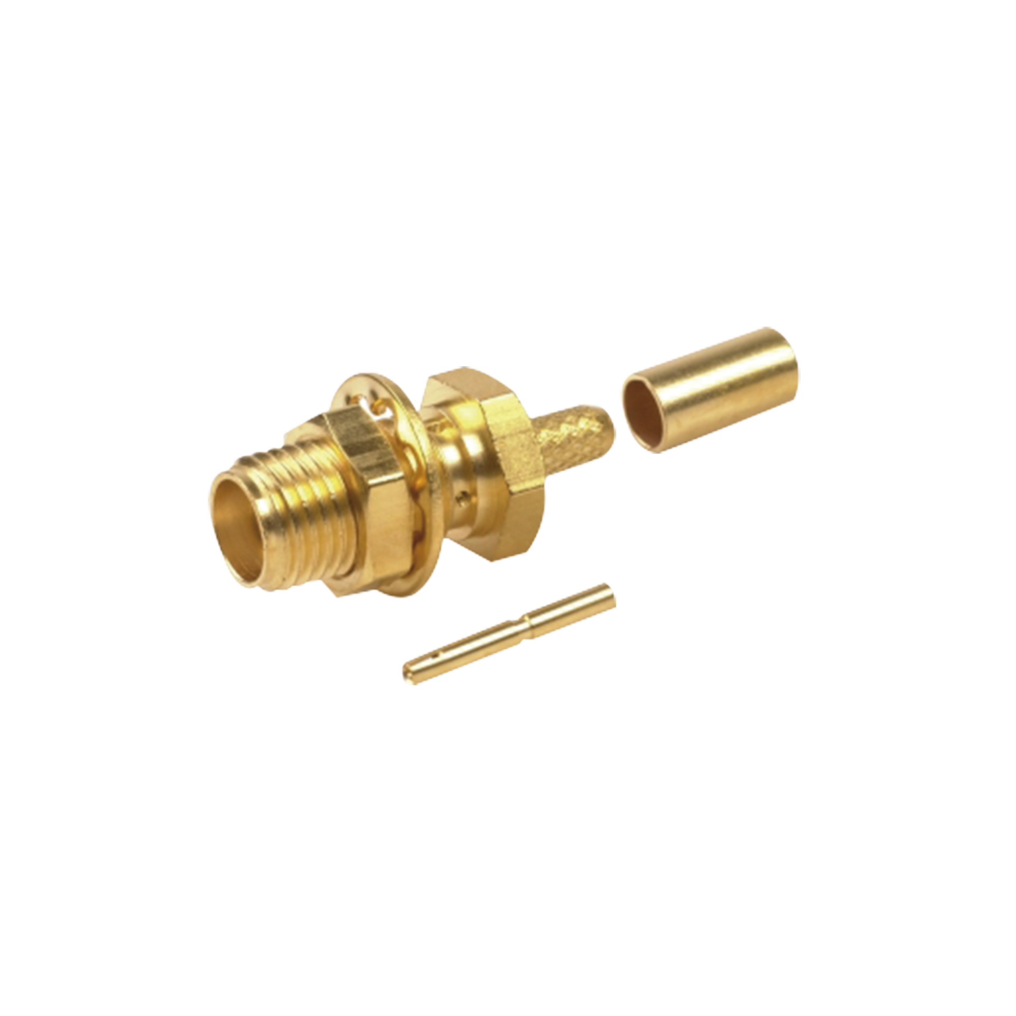 Conector SMA Hembra para Chasis en D Plano, Anillo Plegable para cable RG-174/U, Oro/ Oro/ Teflón.