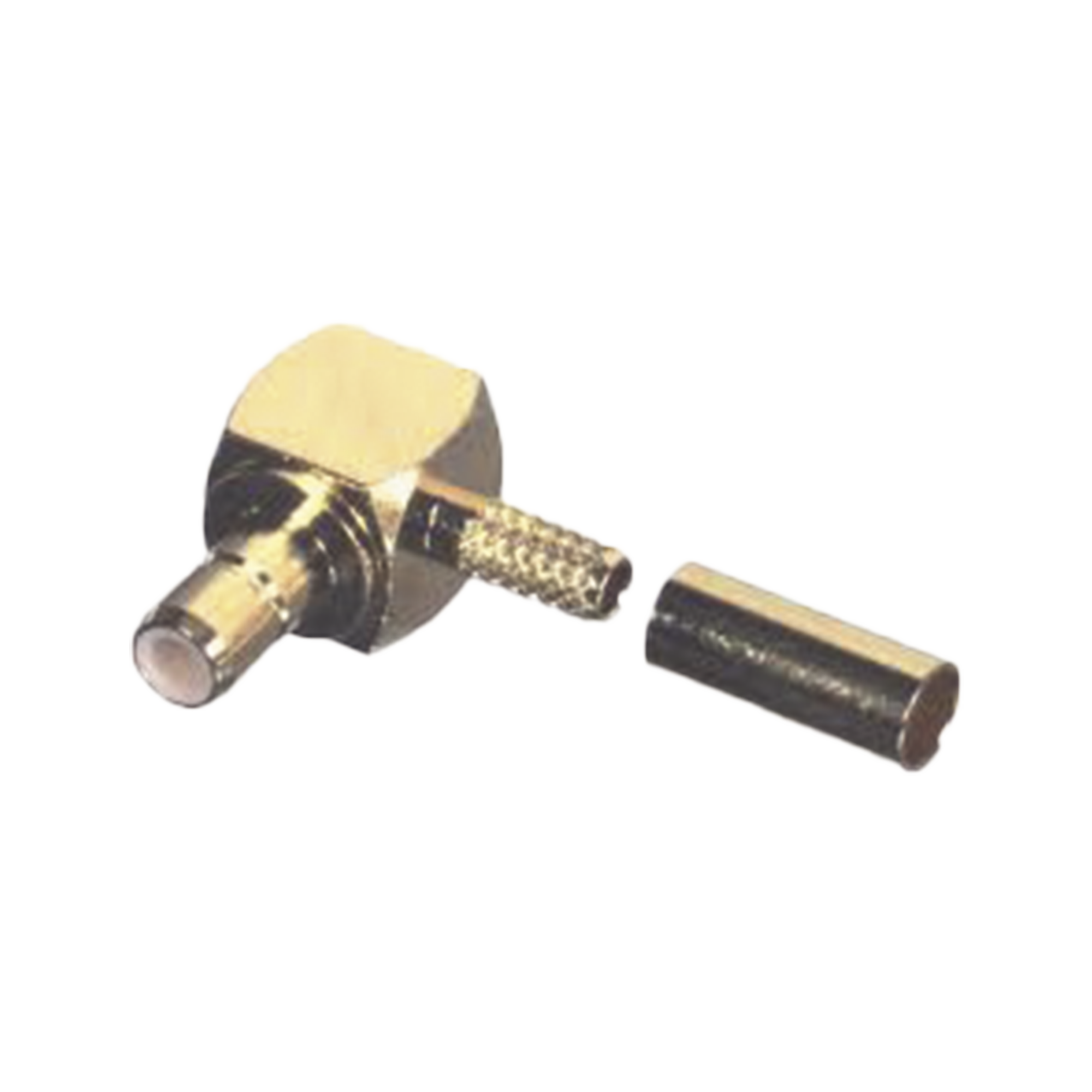 Conector SMB Hembra (Jack) en Ángulo Recto, (Pin Macho), Anillo Plegable para RG-174/U, Oro/ Oro/ Teflón.