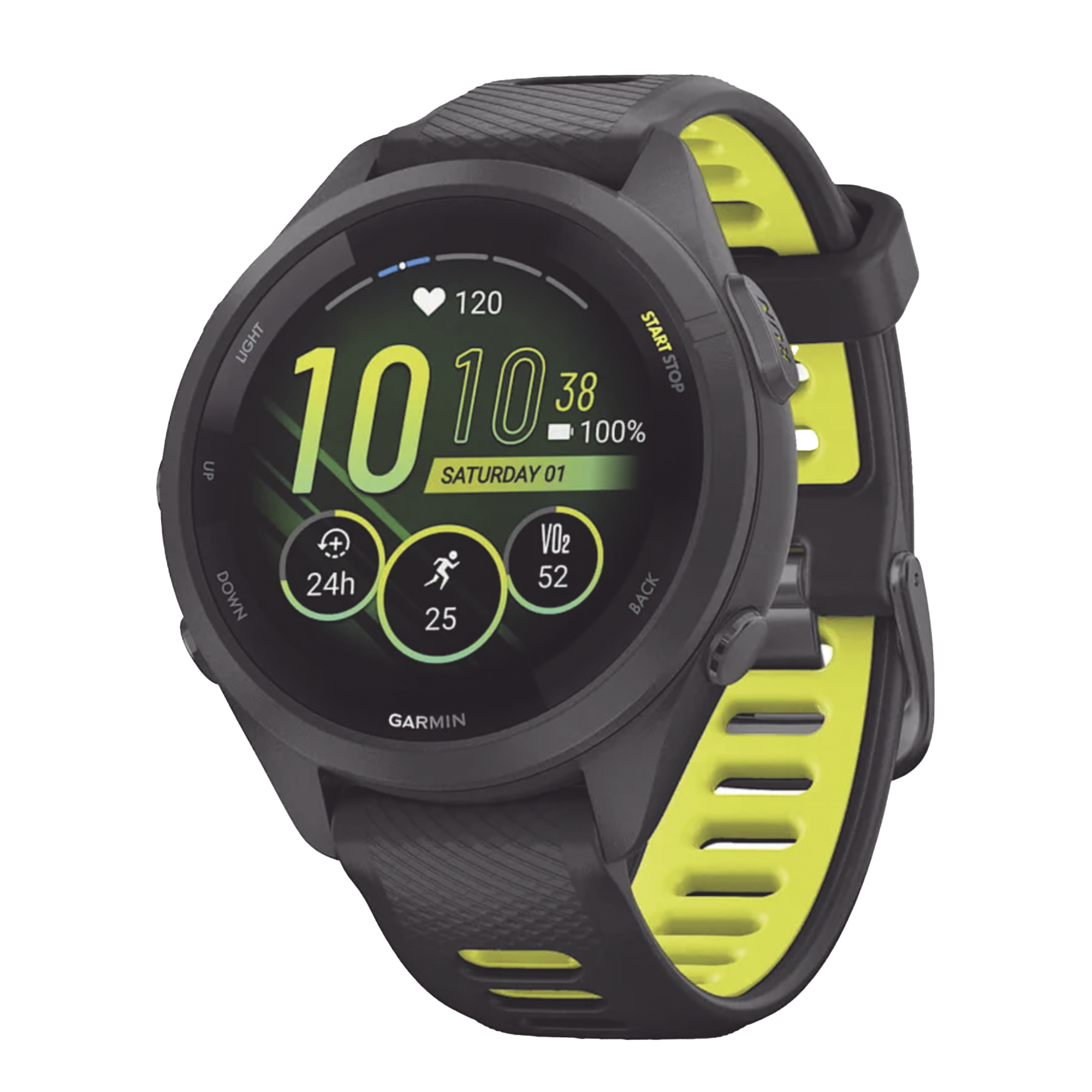Forerunner® 265S, Bisel y carcasa en negro con correa de silicona en negro/amarillo