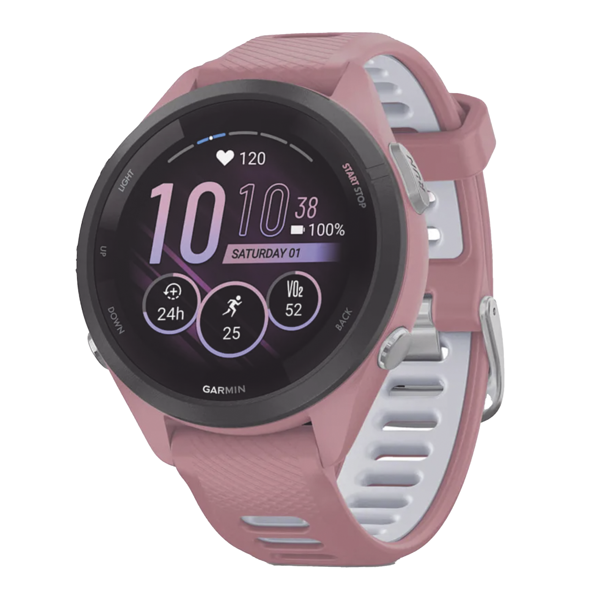 Forerunner® 265S, Bisel negro con carcasa en rosa y correa de silicona en rosa/gris