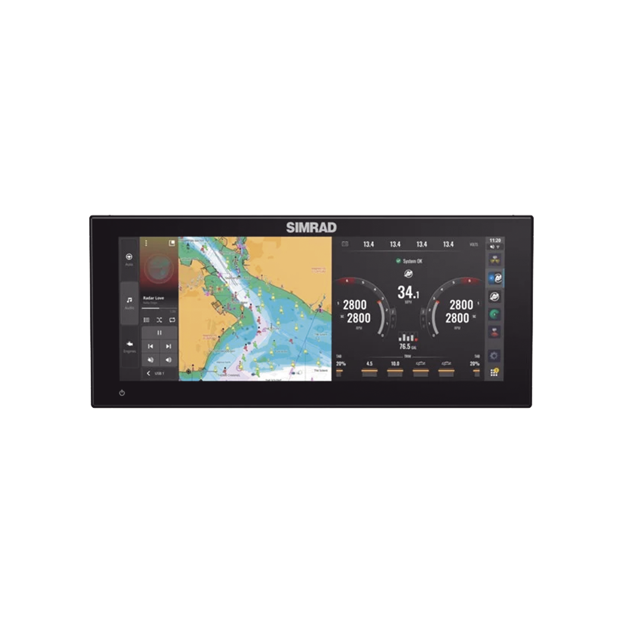 Pantalla Ultrawide NSX ULTRAWIDE de 12 pulgadas / Pantalla SolarMAX™ IPS HD / Integración con Mercury® y CZone® / Sonar Active Imaging™ / Compatibilidad con C-MAP® X-Gen Charts / NMEA 2000® / Ethernet y USB