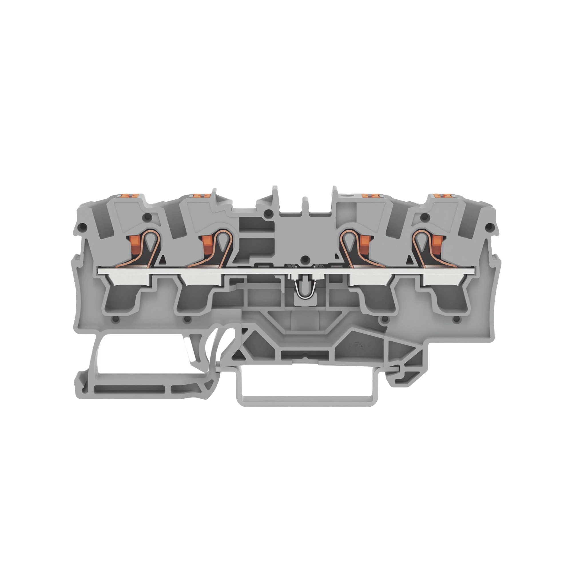 Borna de paso para 4 conductores; con tecla; 4 mm²; con orificio de prueba; Marcaje lateral y central; para carril DIN 35 x 15 y 35 x 7,5; Push-in CAGE CLAMP®; 4,00 mm²; gris