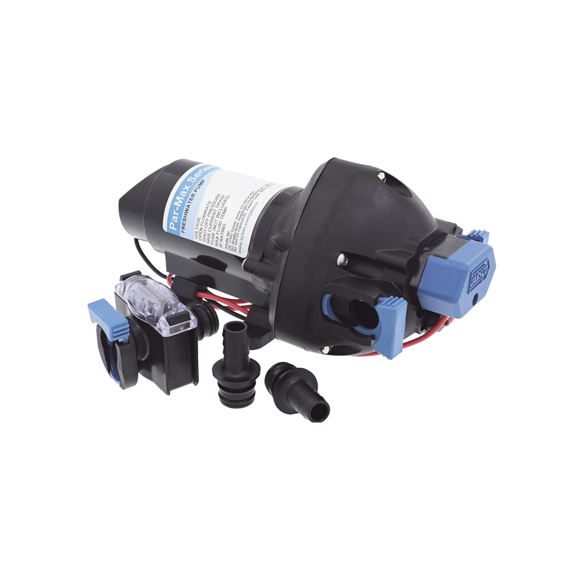 Bomba controlada por presión Par Max a 12 Vcd, caudal de 2 GPM, presión máxima 35 psi, para manguera de entrada con orificio de 38 mm (1½”), manguera de descarga con orificio de 25 mm (1”)