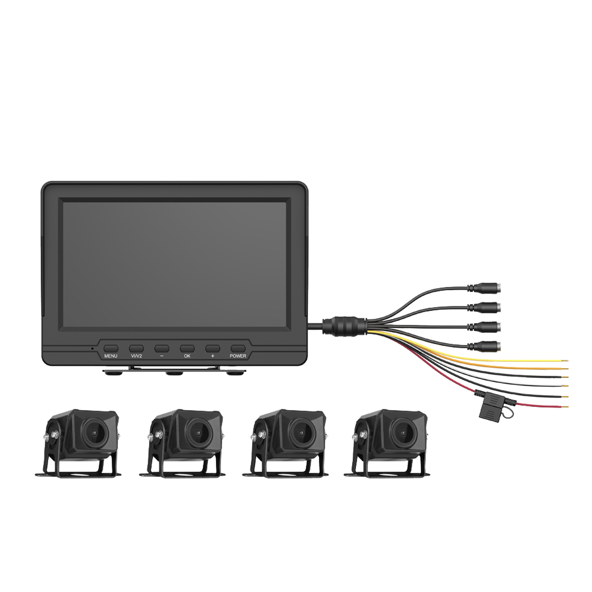 Sistema de Monitoreo Local / 4 Cámaras 1080p para Exterior (IP68) y Pantalla LCD de 7" a Color / Memoria Micro SD de 64 GB (Expandible a 512 GB) / Soporta Cambio de Cámara al Dar Reversa al Vehiculo / Accesorios de Instalación