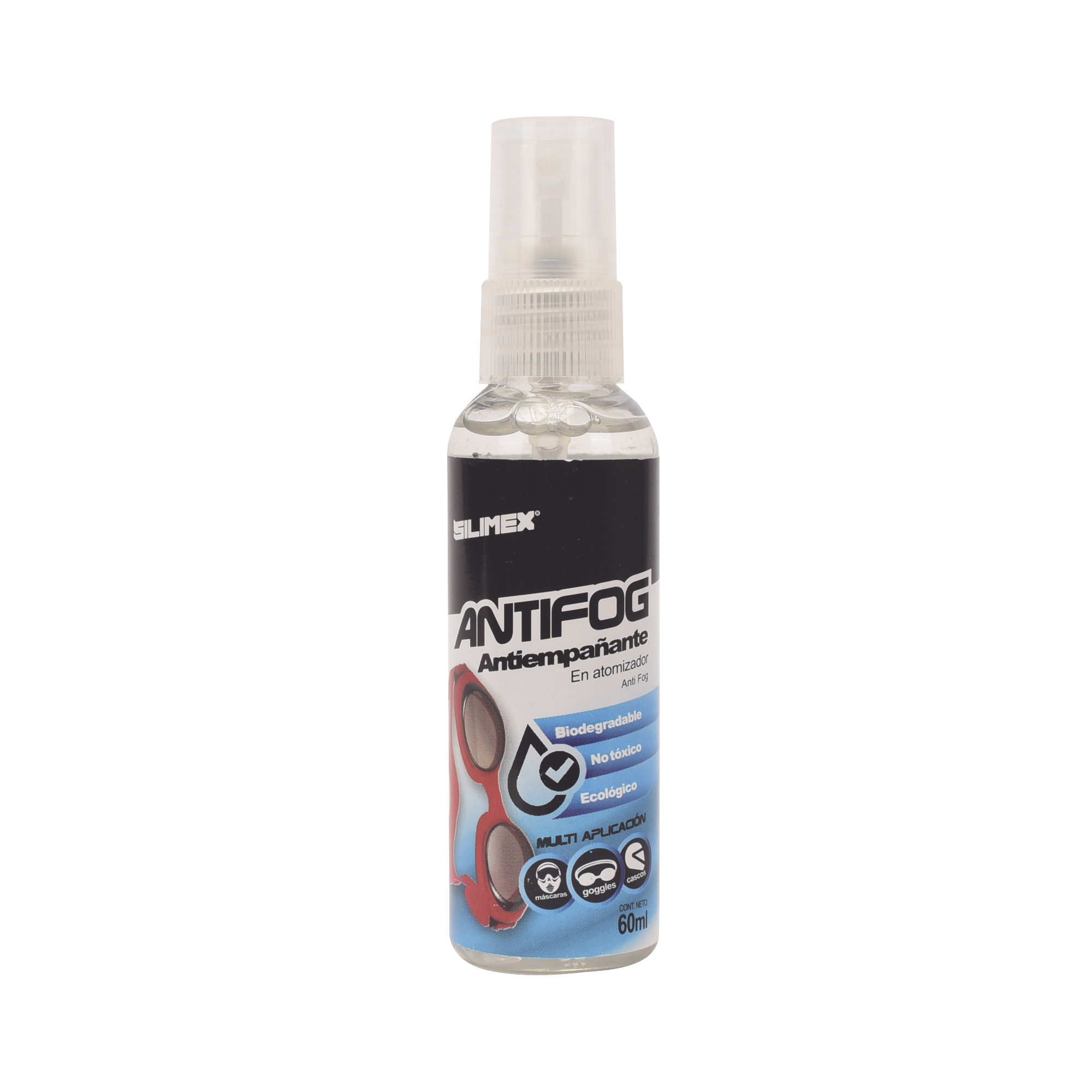 Antiempañante, ideal para eliminar problemas de empañamiento en googlees, mascaras, cascos, lentes, bote 60 ml