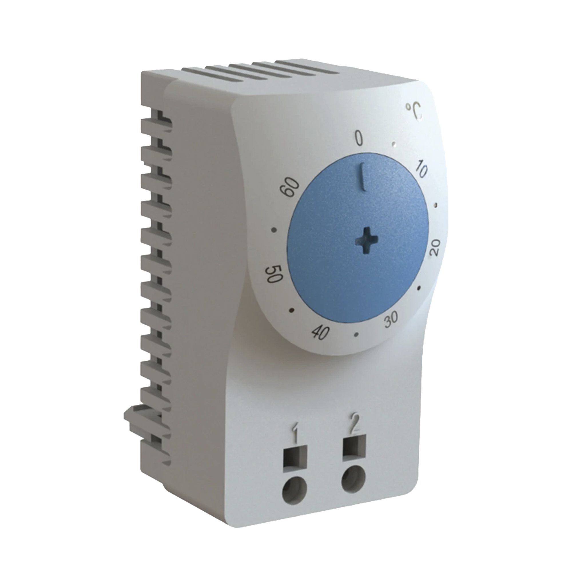 Termostato/Interruptor Para Control de Temperatura en Grados Fahrenheit, Para Uso con Ventiladores, Con Terminales de Conexión, y Clip para Riel Din de 35 mm, Color Gris Claro