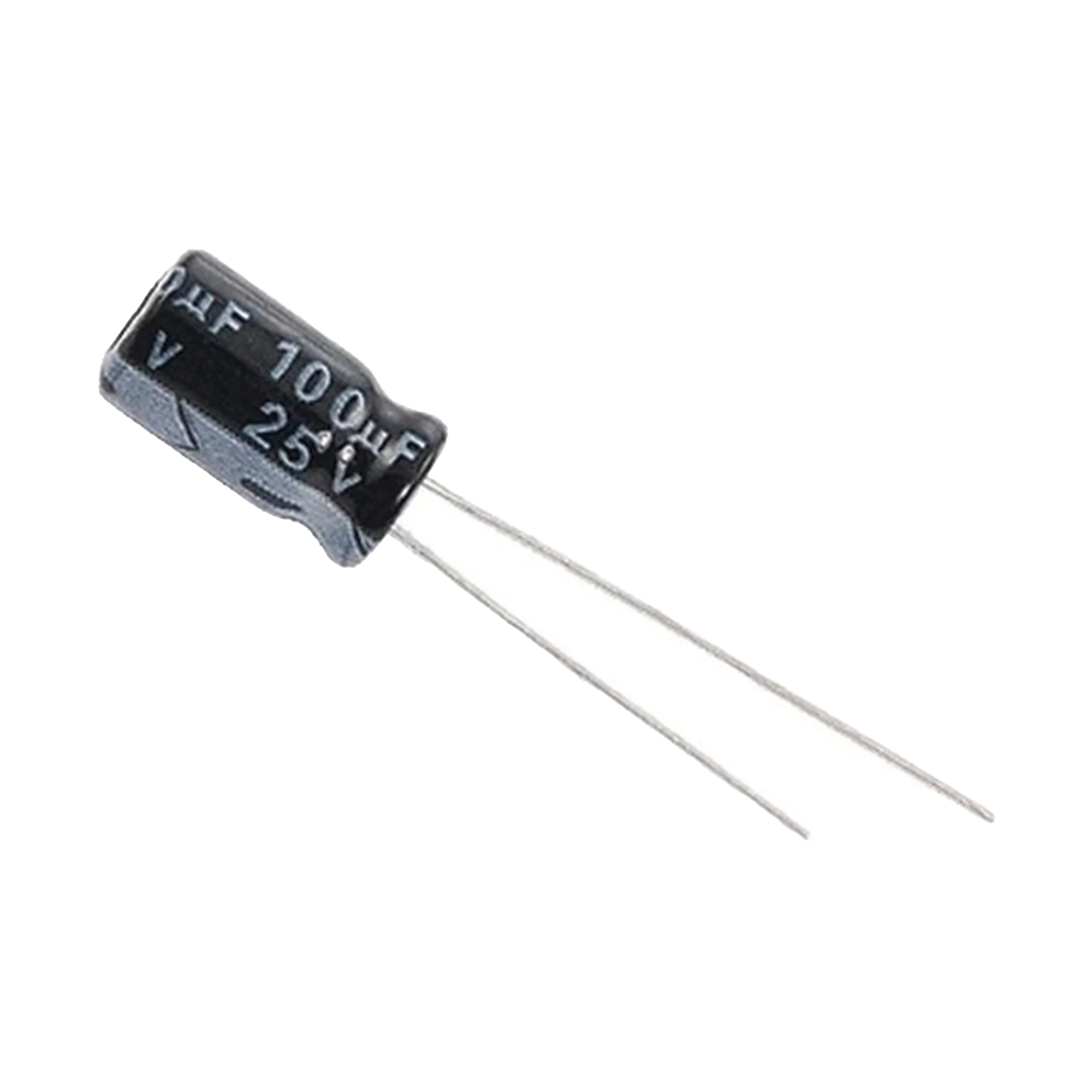 Capacitor Electrolítico de Aluminio, Radial de 100 µFd, 25 Vcc, 105 °C, 6.3 x 11 mm.