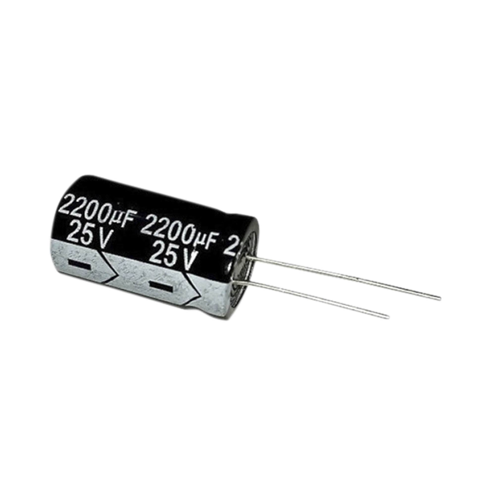 Capacitor Electrolítico en Aluminio, Radial de 2200 µFd, 25 Vcc, 105 °C, 13 x 25 mm.
