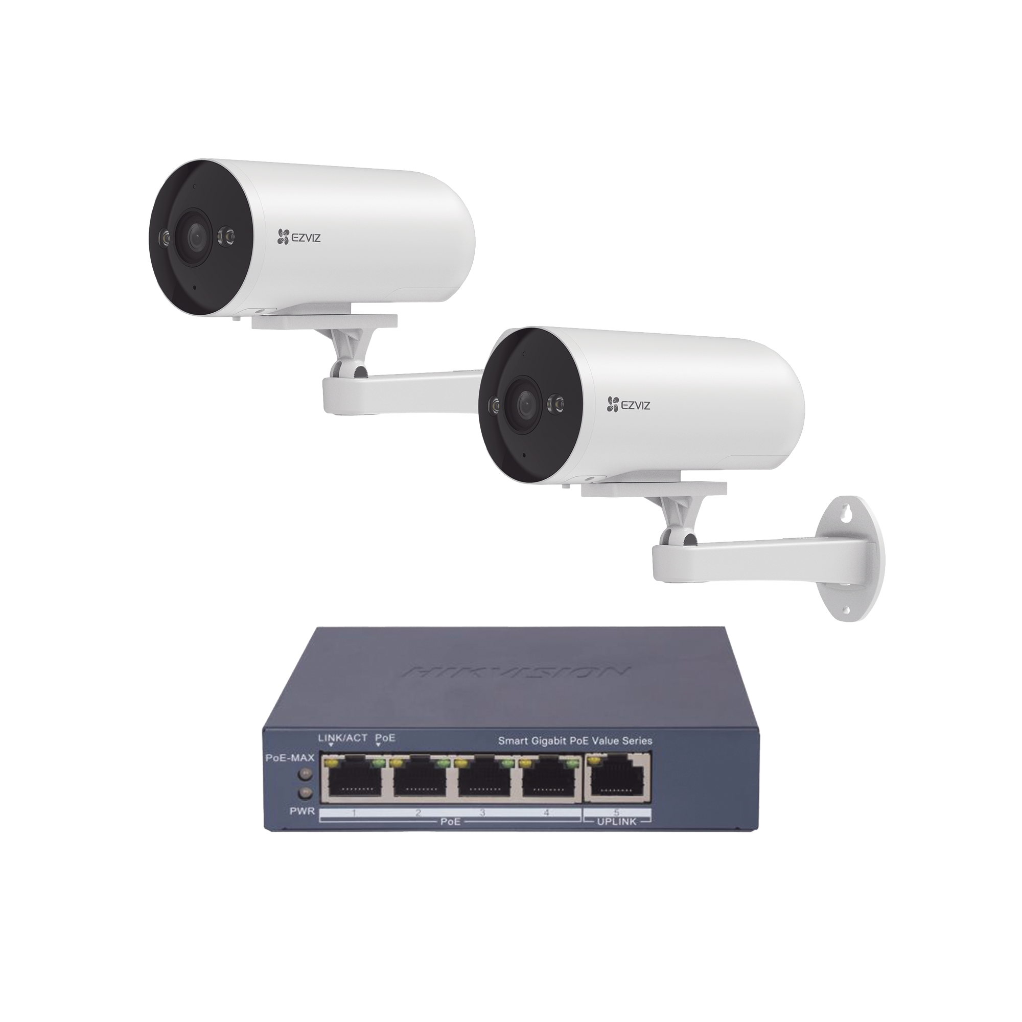 Kit de cámaras WiFi Para Uso en Exterior / PoE Estandar Af / 2 piezas CS-H5/3MP/ 1 Pieza de Switch DS-3E1505P-EI/M / Vision Nocturna a Color / IP67 / Audio Bidireccional / Luz y Sirena / 4 Puertos 1000 Mbps PoE+ / 1 Puerto 1000 Mbps Uplink