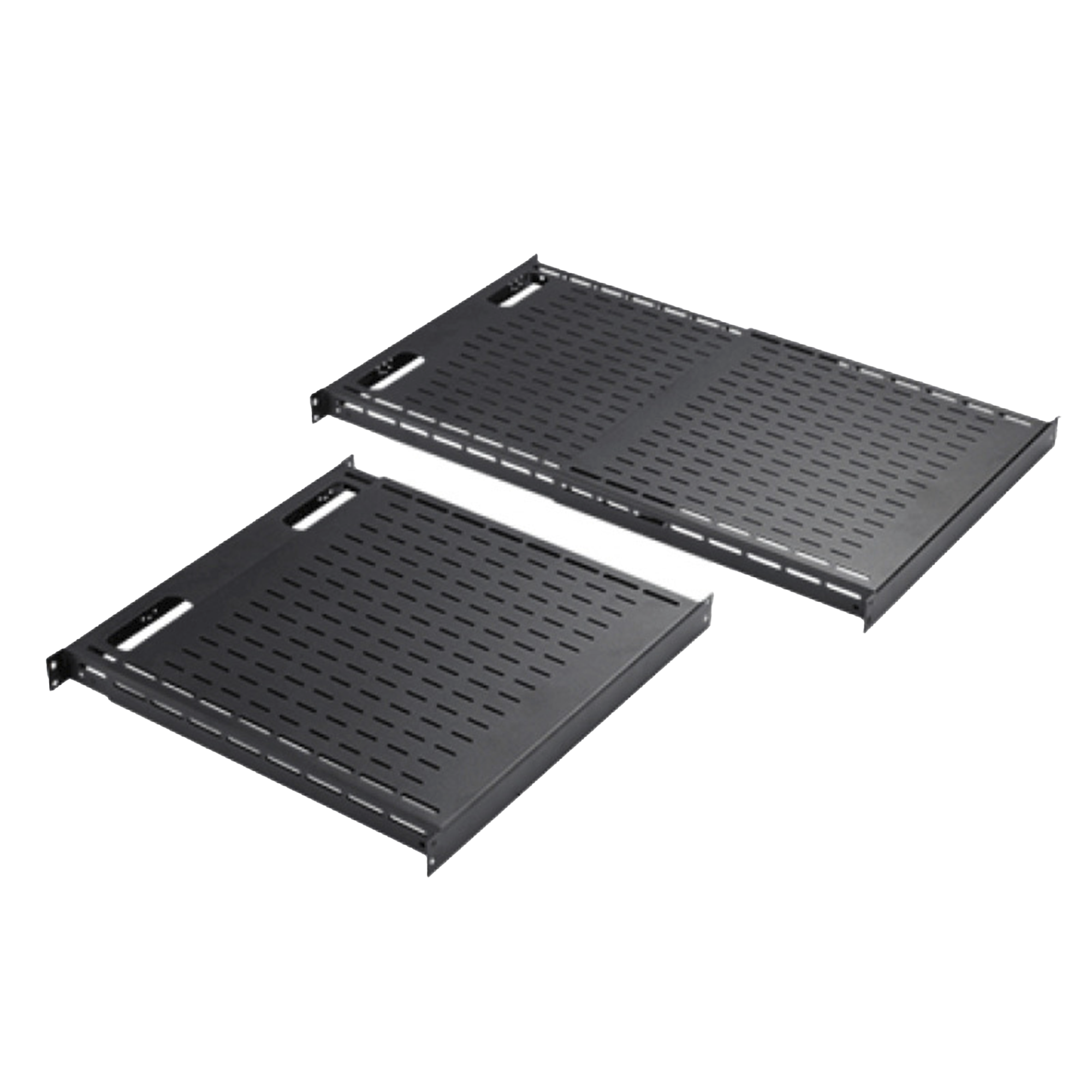 Charola Ventilada de Instalación sin Herramienta, Para Rack o Gabinetes de 4 Postes, Ajustable de 900 a 1200 mm de Profundidad, De Acero, Color Negro