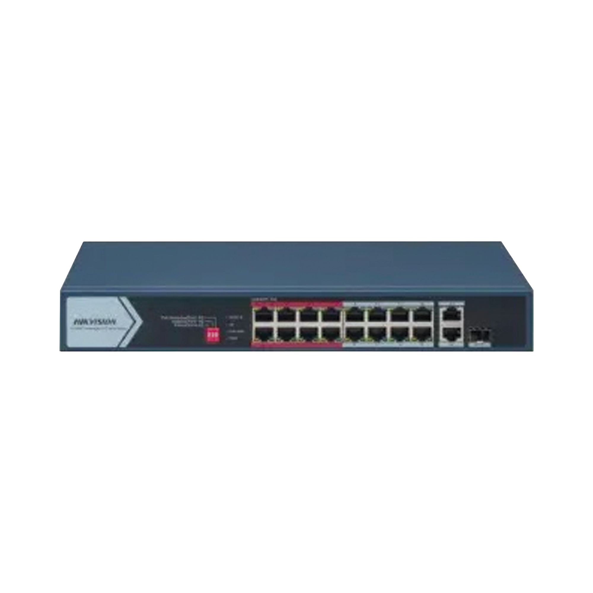 Switch PoE+ / No Administrable / 16 Puertos 10/100 Mbps PoE+ / 2 Puertos 1000 Mbps Uplink / 1 Puerto SFP Uplink / Modo Extendido hasta 300 Metros / 130 W