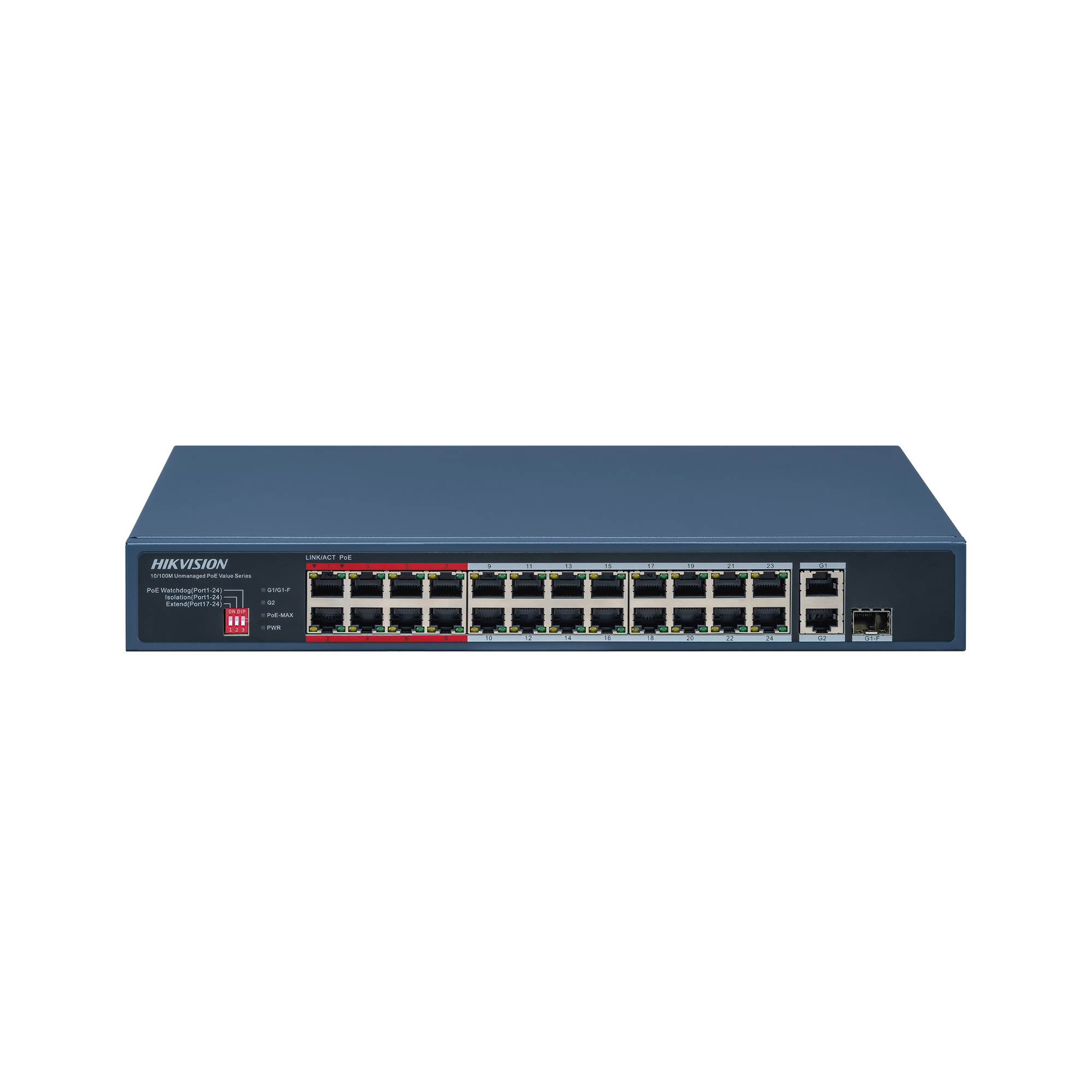 Switch PoE+ / No Administrable / 24 Puertos 10/100 Mbps PoE+ / 2 Puertos 1000 Mbps Uplink / 1 Puerto SFP Uplink / Modo Extendido hasta 300 Metros / 230 W