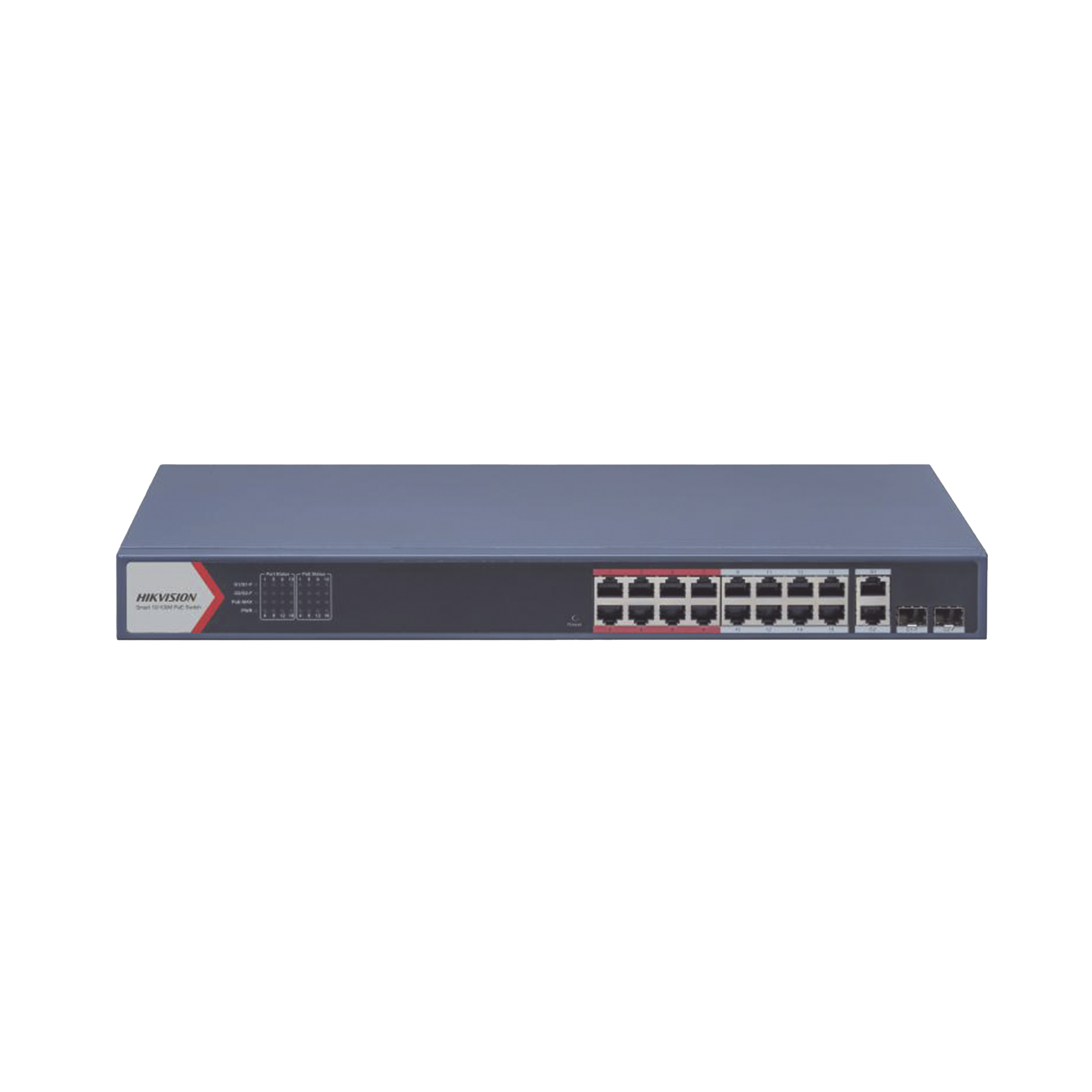 Switch PoE+ / Monitoreable / 16 puertos 10/100 Mbps PoE+ / 2 Puertos 1000 Mbps Uplink / 2 Puertos SFP de Uplink /  Configuración Nube Hik-Partner Pro / Modo Extendido hasta 300 metros / 230 W