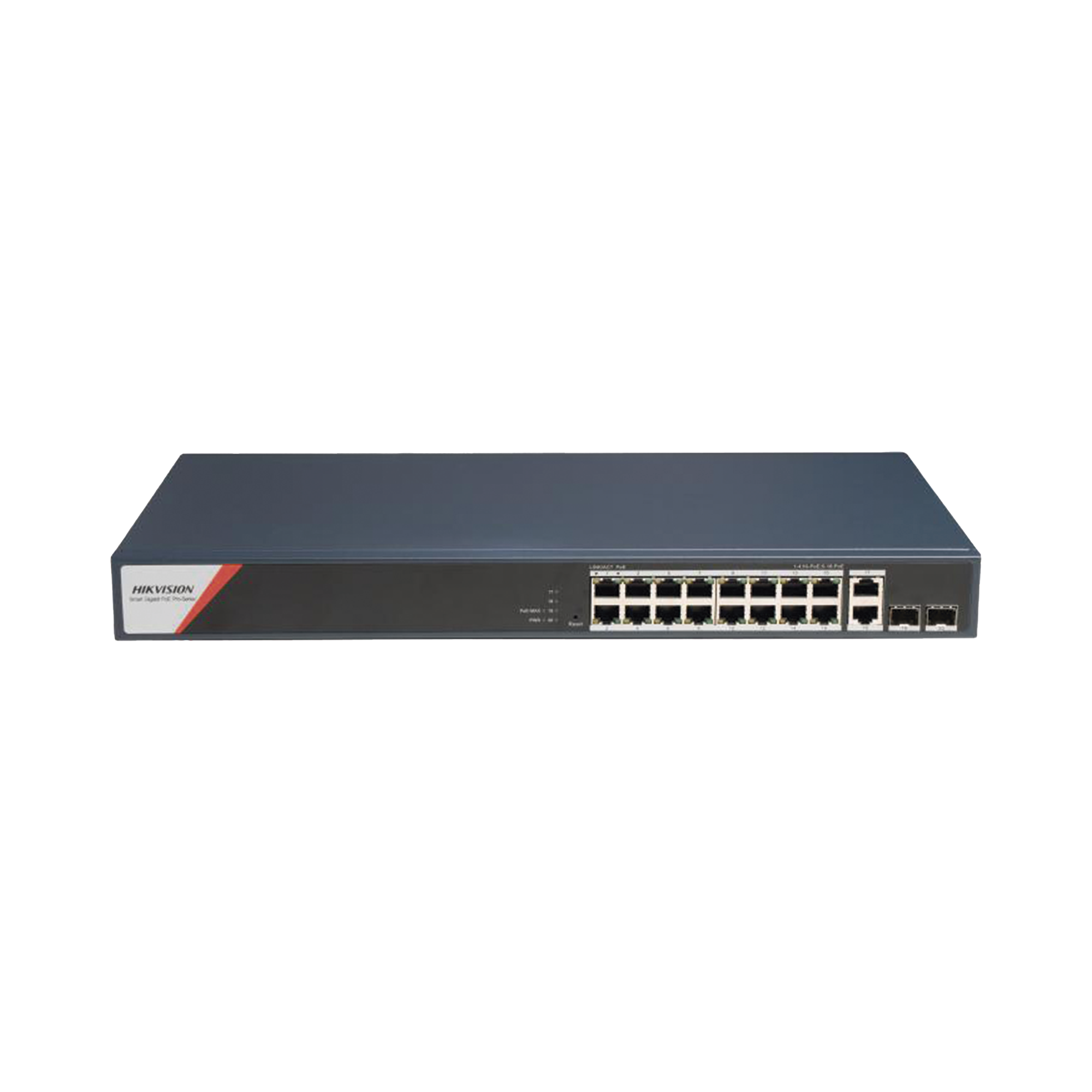 Switch Gigabit PoE+ / Administrable / 16 Puertos 1000 Mbps PoE+ (4 Puertos PoE++ 90 W) / 2 Puertos 1000 Mbps de Uplink / 2 Puertos SFP / Configuración Nube Hik-PartnerPro / Modo Extendido hasta 300 Metros / 230 W