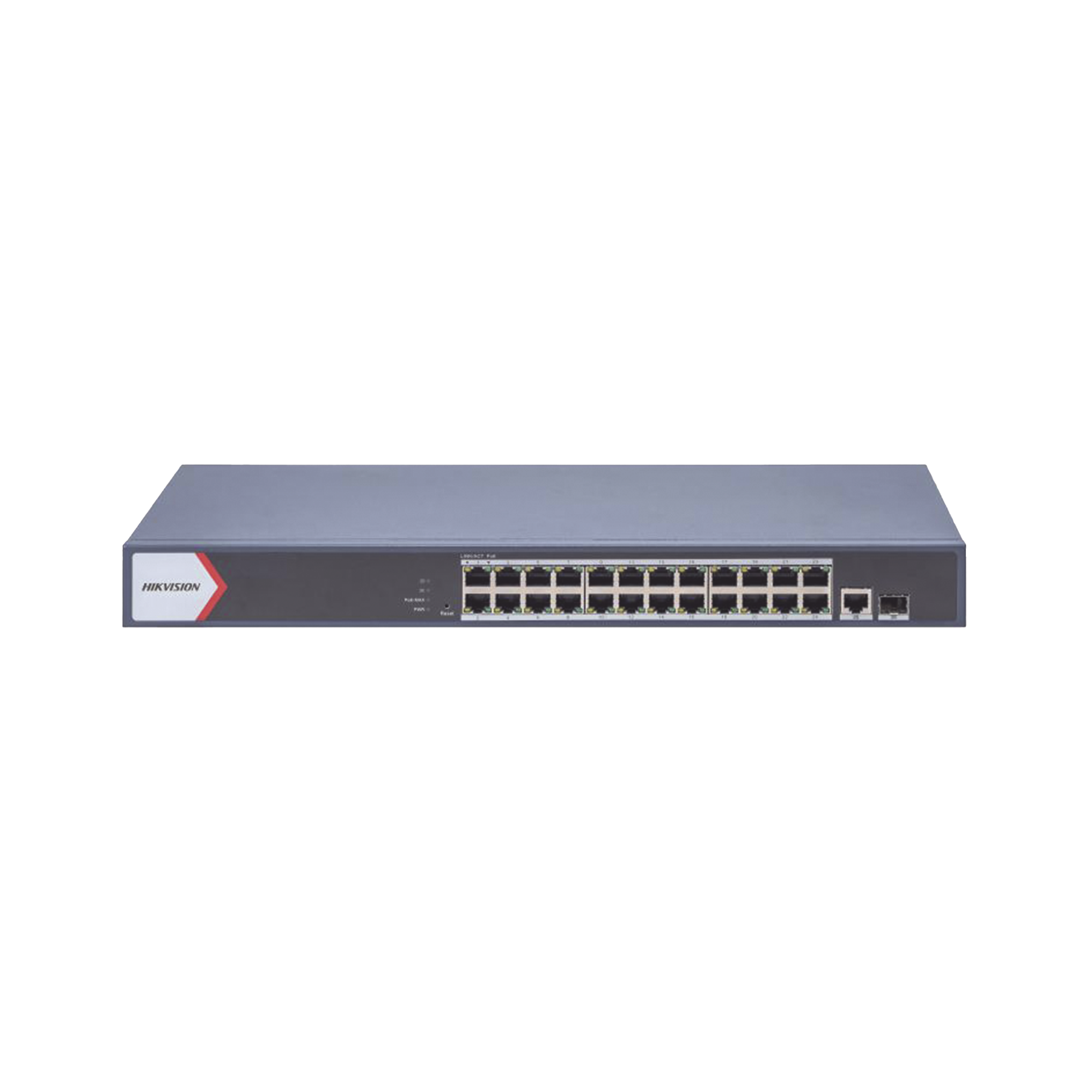 Switch Gigabit PoE+ / Administrable / 24 Puertos 1000 Mbps PoE+ /  1 Puerto 100 uplink / 1 Puerto 1000 Mbps Uplink / 1 Puertos SFP Uplink / Configuración Nube desde Hik-PartnerPro / Modo Extendido hasta 300 Metros / 370 W