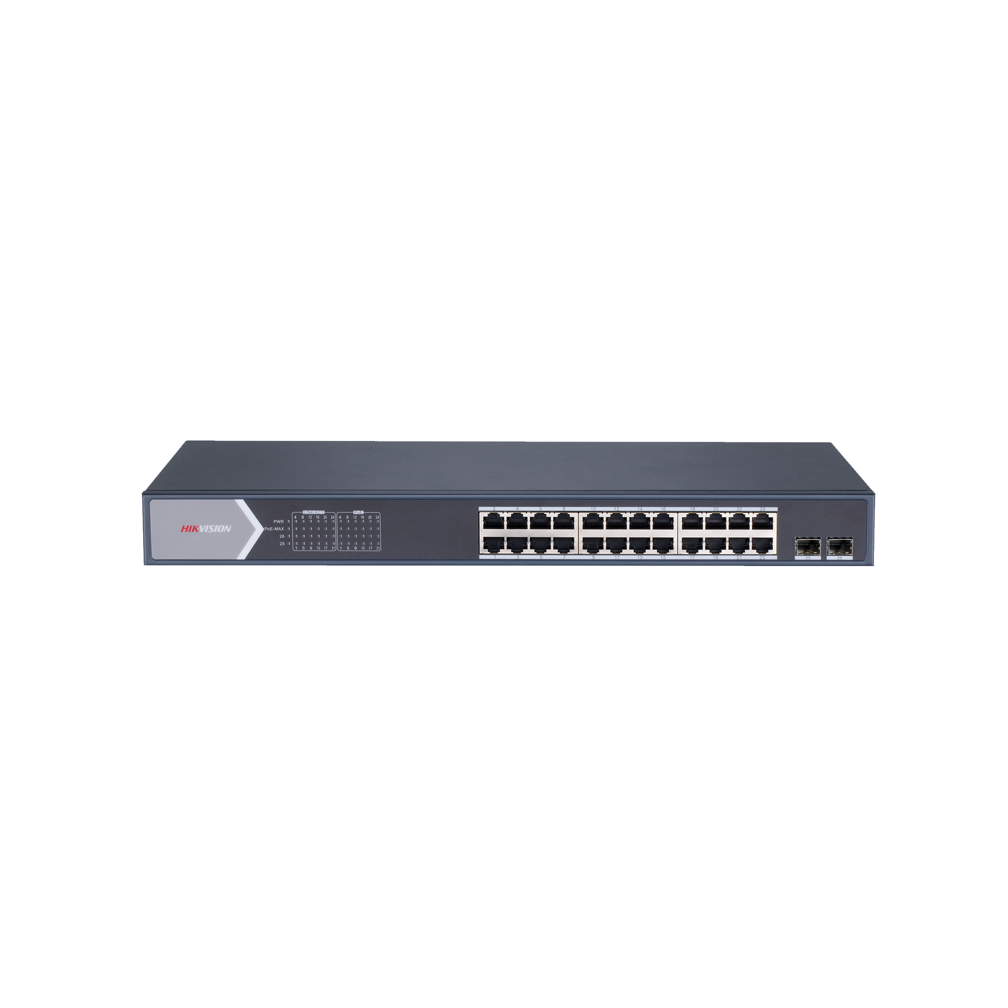 Switch Gigabit PoE+ / Administrable / 24 Puertos 1000 Mbps PoE+ / 2 Puertos SFP / Configuración Remota desde Hik-PartnerPro / PoE Extendido 250 Metros / 370 Watts