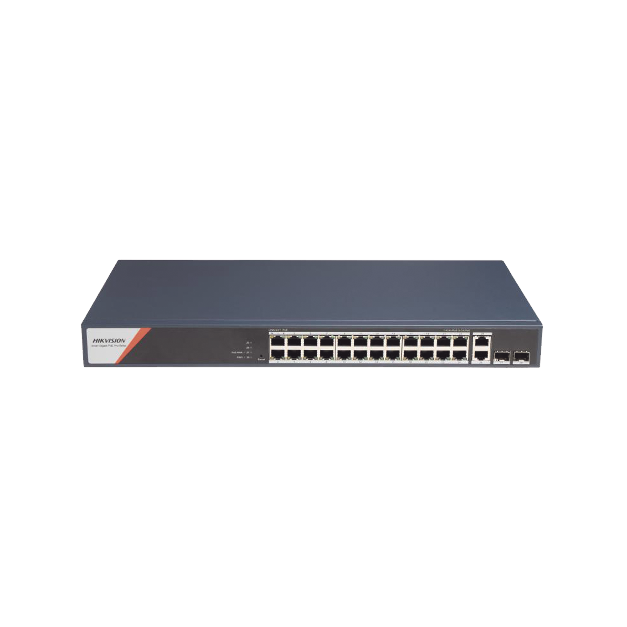 Switch Gigabit PoE+ / Administrable / 24 Puertos 1000 Mbps PoE+ (4 Puertos PoE++ 90 W) / 2 Puertos 1000 Mbps de Uplink / 2 Puertos SFP / Configuración Nube Hik-PartnerPro / Modo Extendido hasta 300 Metros / 370 W