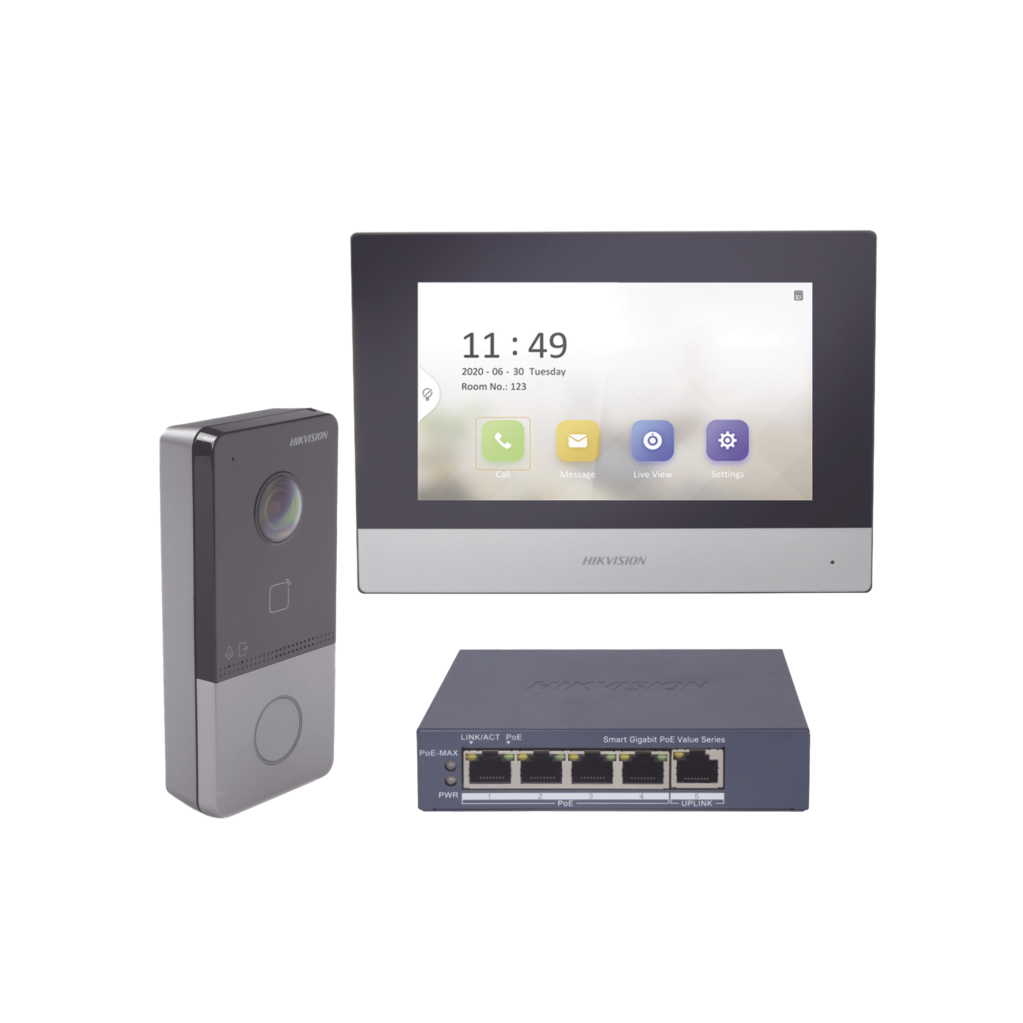 Kit de Videoportero IP + Switch Poe Poe Estandar con llamada a App de Smartphone (HikConnect) / Apertura con tarjeta MIFARE / Frente de calle IP65 / Soporta 1 Departamento