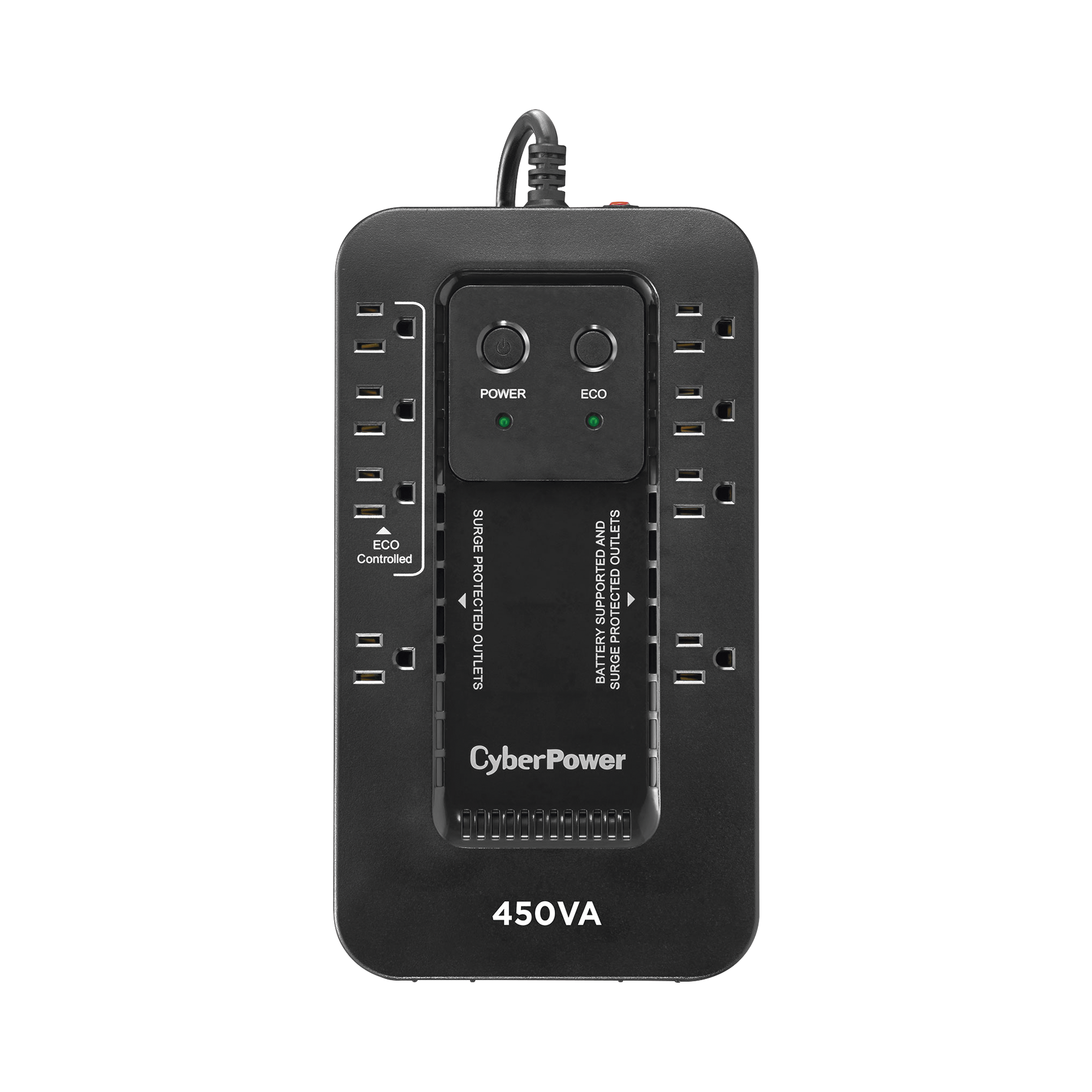 UPS de 450 VA/260 W, Topología Standby con Modo Ahorrador ECO, Entrada 120 Vca NEMA 5-15P, Con 8 Tomas NEMA 5-15R