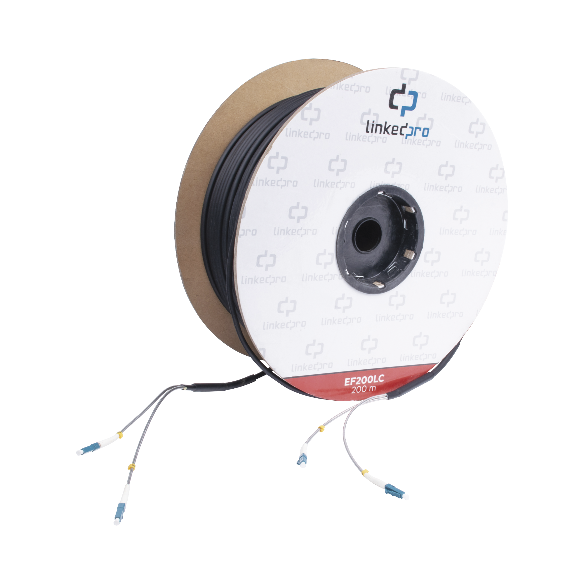 Carrete de Fibra Óptica Monomodo con conectores LC-LC Duplex, Reforzada con Kevlar, de 200 metros, Para instalaciones subterráneas por tubería