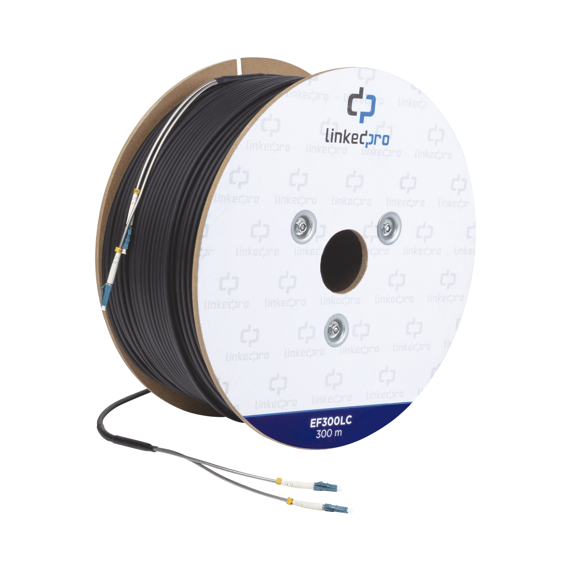 Carrete de Fibra Óptica Monomodo con conectores LC-LC Duplex, Reforzada con Kevlar, de 300 metros, Para instalaciones subterráneas por tubería