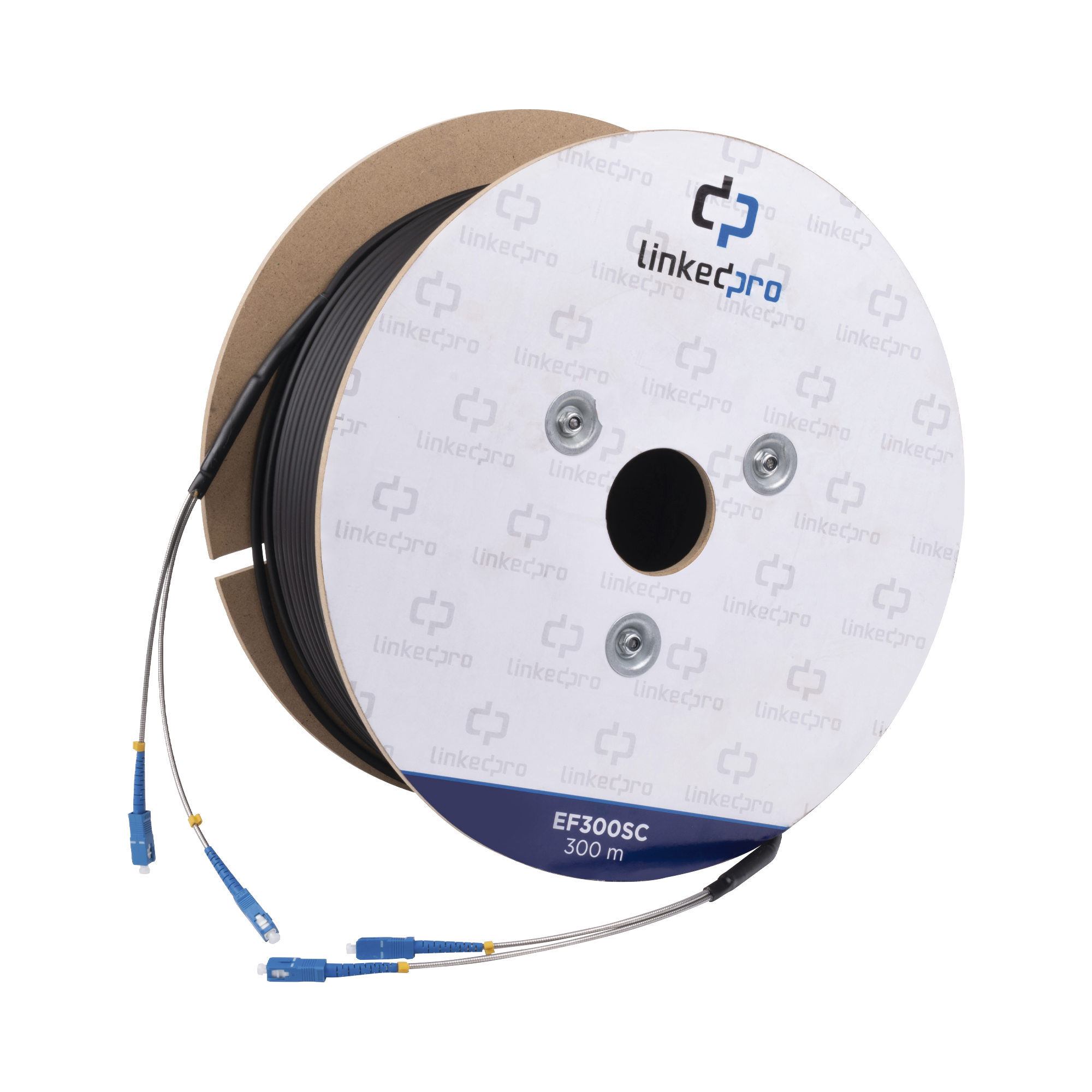 Carrete de Fibra Óptica Monomodo con Conectores SC-SC Duplex, Reforzada con Kevlar, de 300 metros, Para instalaciones subterráneas por tubería