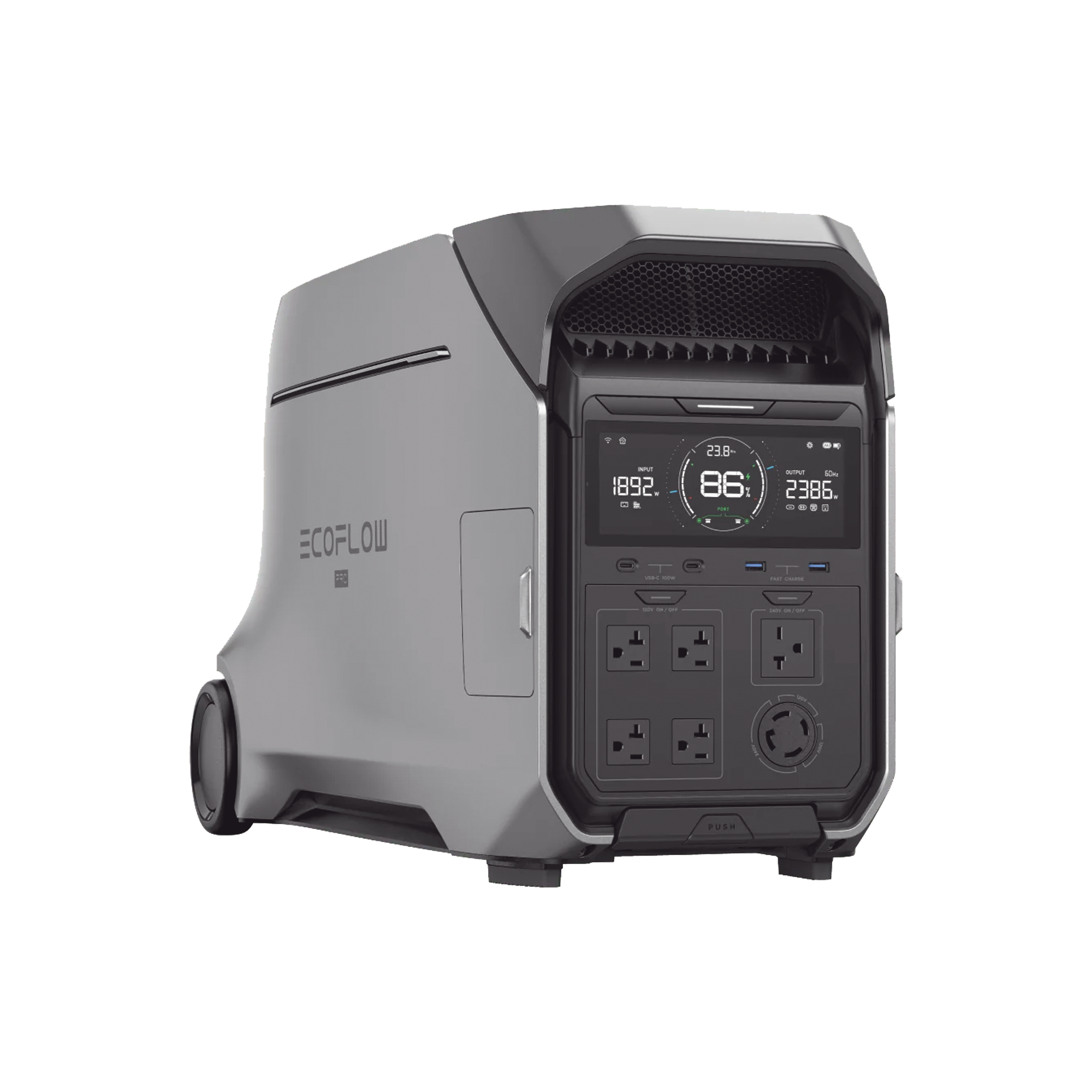 Estación de Energía Portátil DELTA PRO3 / 4096Wh Litio LFP / 5 AC 4000W (8000W Pico) / 2 USB-C 100W / Capacidad para Aumentar Respaldo / Cargador de Coche 10A a 12.6V / Conectividad WiFi y Bluetooth (App) / Carga Solar 2600W Max. (2 P