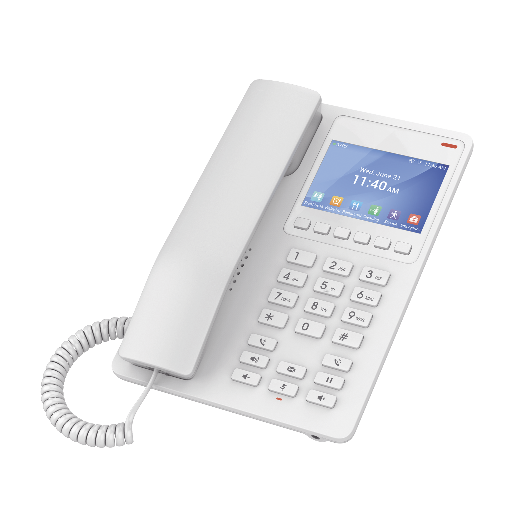 Teléfono IP WiFi Hotelero con pantalla LCD a color, 2 líneas SIP con 2 cuentas, codec Opus, IPV4/IPV6, color blanco, con gestión en la nube GDMS