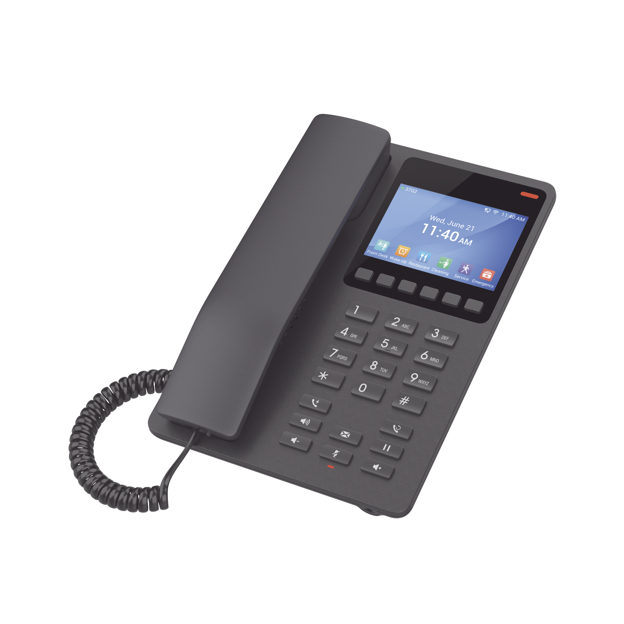 Teléfono IP Hotelero con pantalla LCD a color, 2 líneas SIP con 2 cuentas, codec Opus, IPV4/IPV6, color negro, con gestión en la nube GDMS