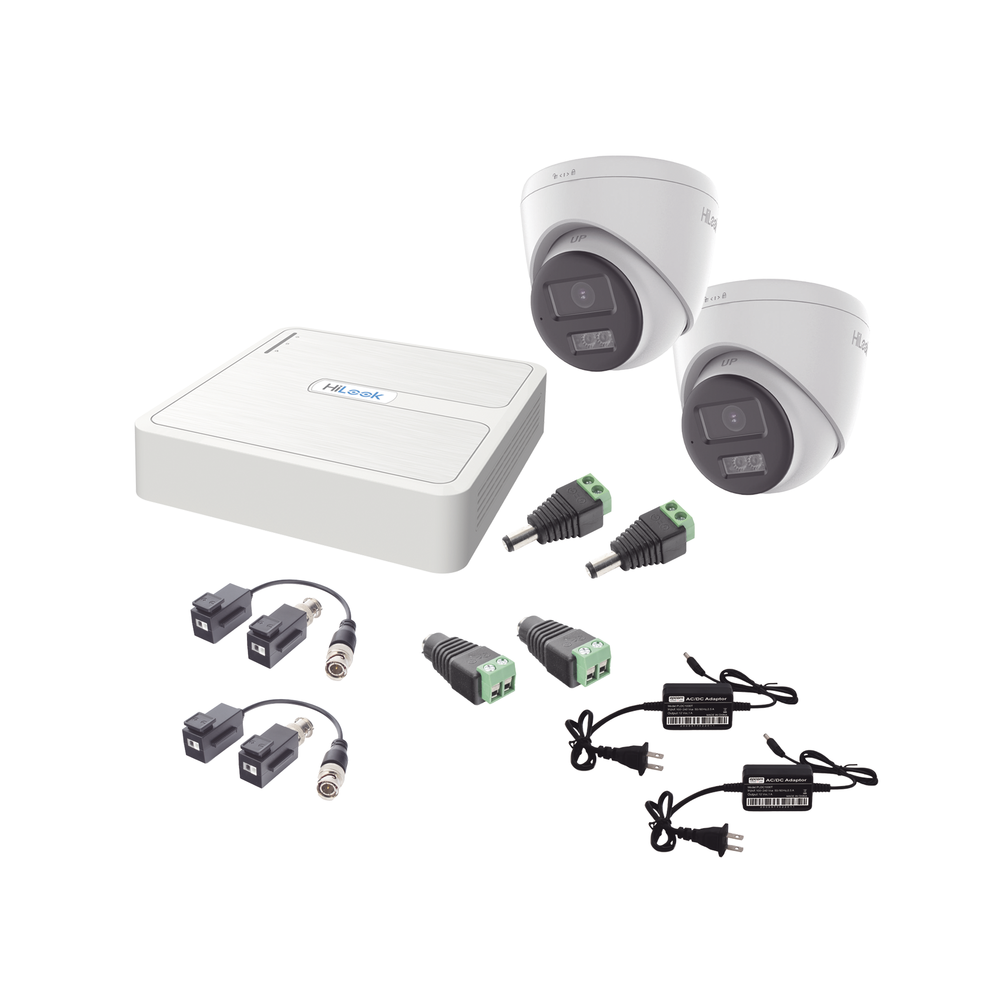 Kit HiLook Audio Bidireccional TurboHD 1080p / DVR 4 Canales / 2 Cámaras Turret (Exterior) con Bocina y Microfóno Integrado / 2 Fuentes de Poder / Accesorios
