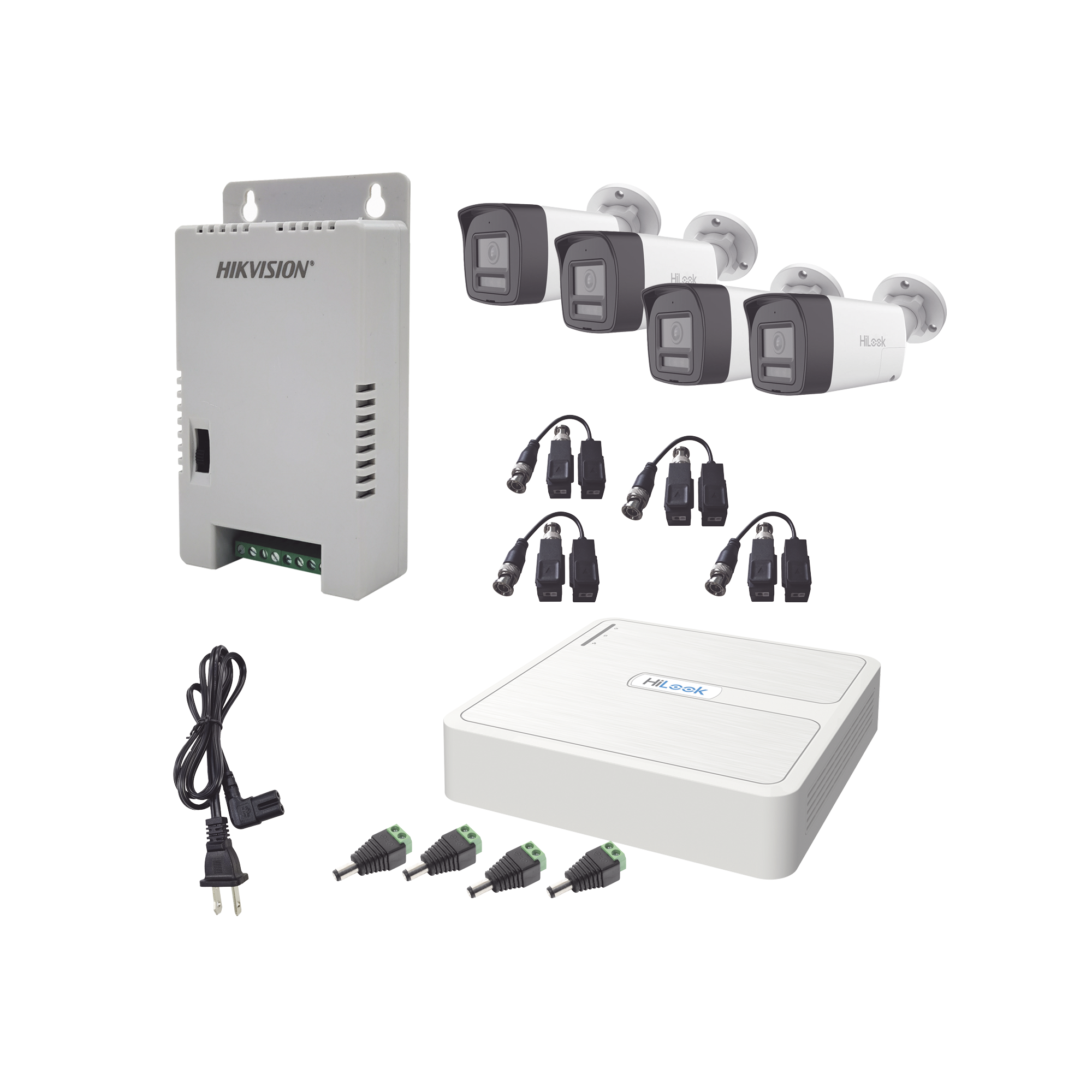 Kit HiLook Audio Bidireccional TurboHD 1080p / DVR 4 Canales / 4 Cámaras Bala (Exterior) con Bocina y Micrófono Integrado / 1 Fuente de Poder / Accesorios