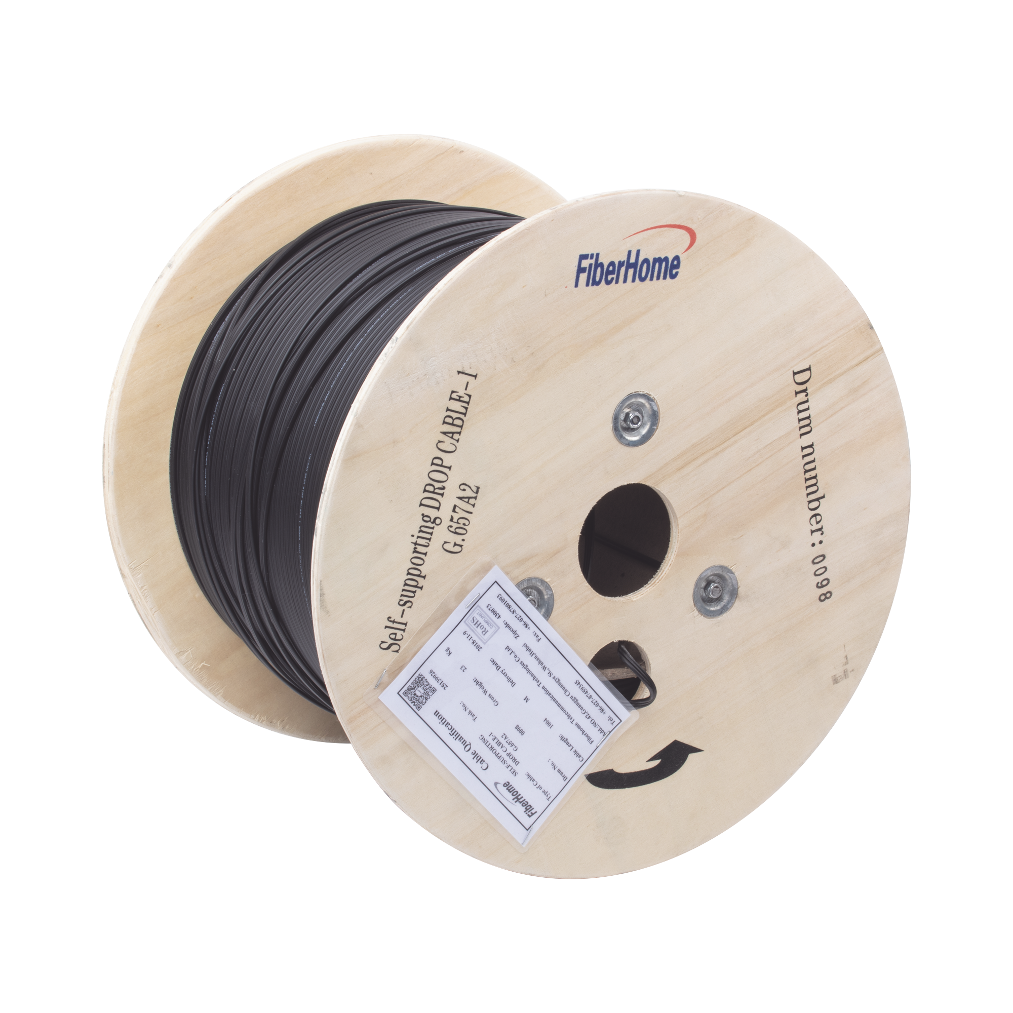 Carrete de 1 km de Fibra Óptica Aérea Mini Figura 8 G.657A2 tipo Drop, Monomodo de 1 Hilo (unifibra), Color Negro, Span 80