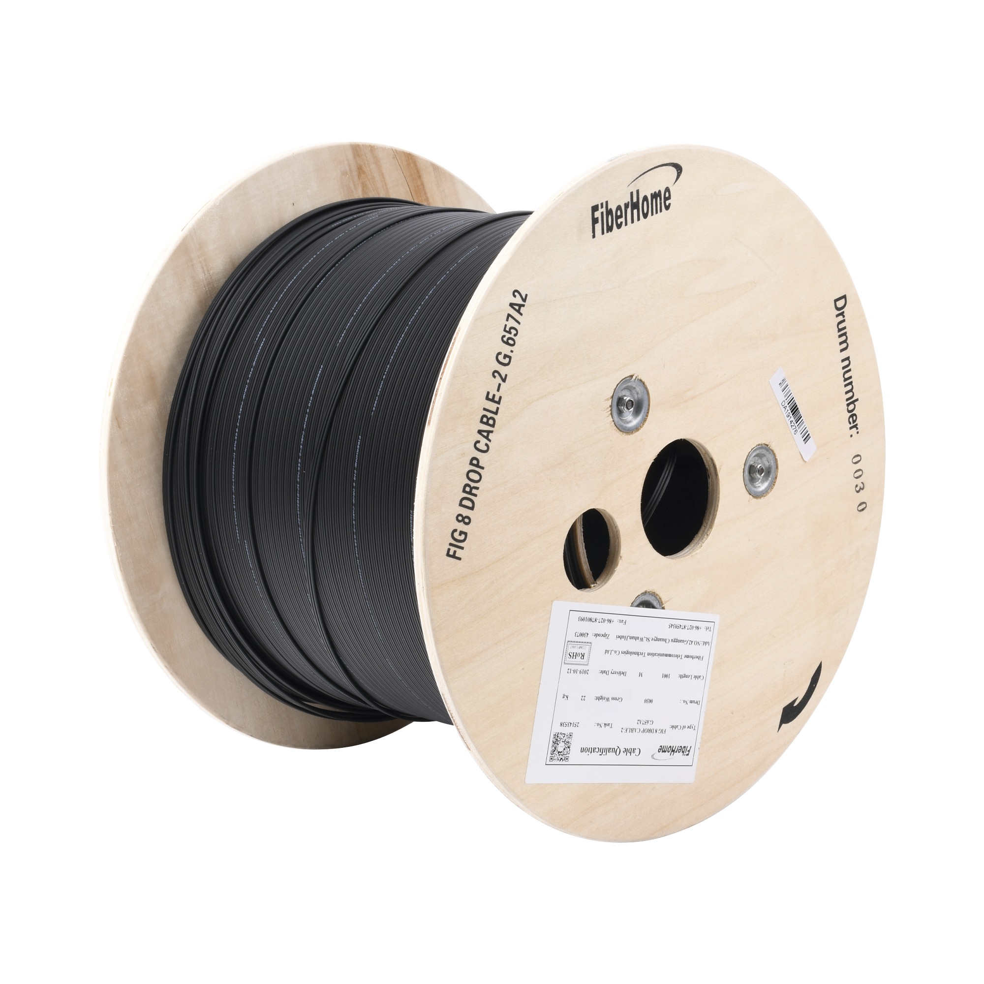 Carrete de 1 km de Fibra Óptica Aérea Mini Figura 8 G.657A2 tipo Drop, Monomodo de 2 Hilos (bifibra), Diseñada para Fusionarse, Color Negro, Span 80, (No Soporta Conectores Mecánicos)