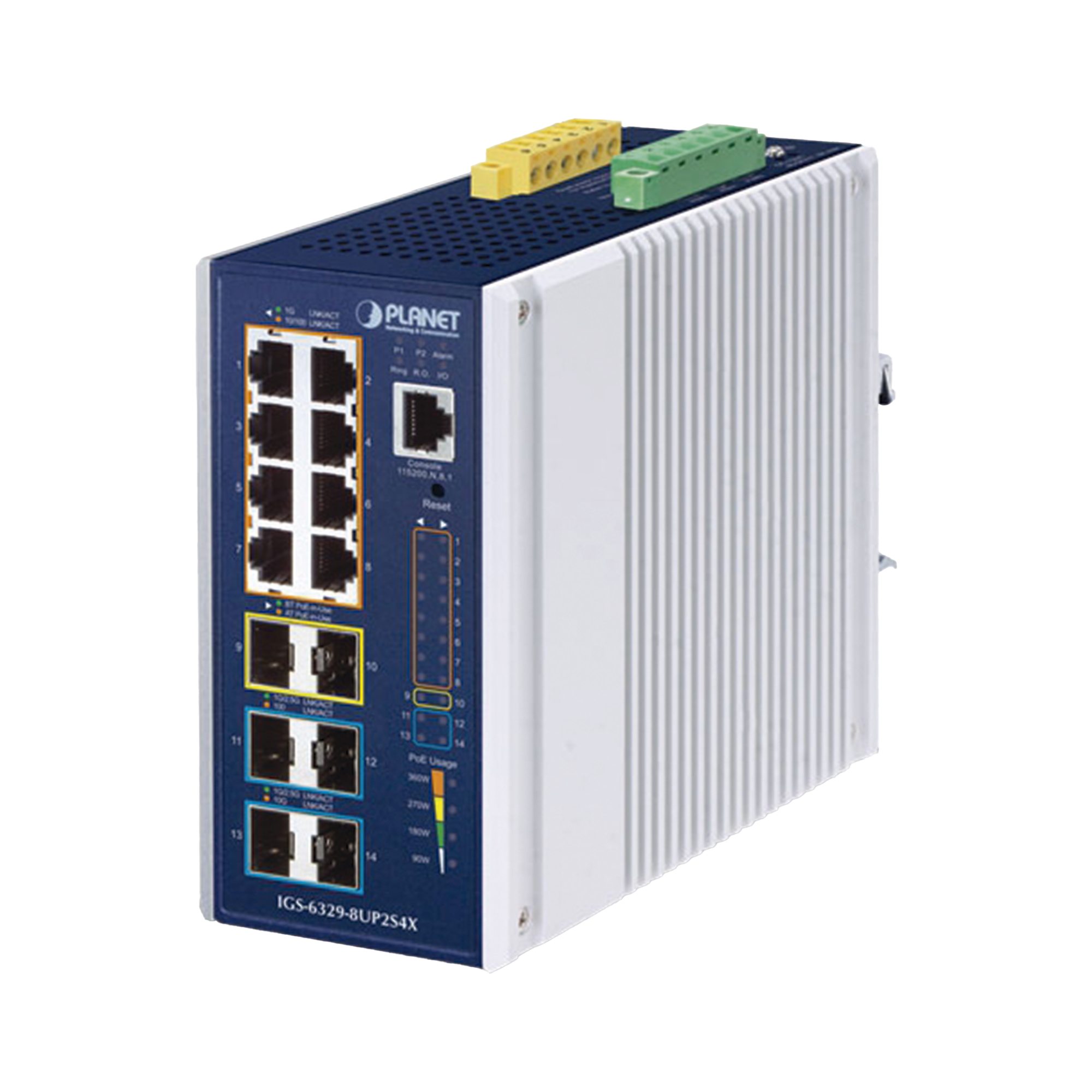 Switch Industrial Capa 3 de 8 Puertos 10/100/1000T PoE 802.3bt, 2 Puertos SFP 1 G/2.5 G, 4 Puertos SFP 10G, Instalación en Pared o Puerto DIN.