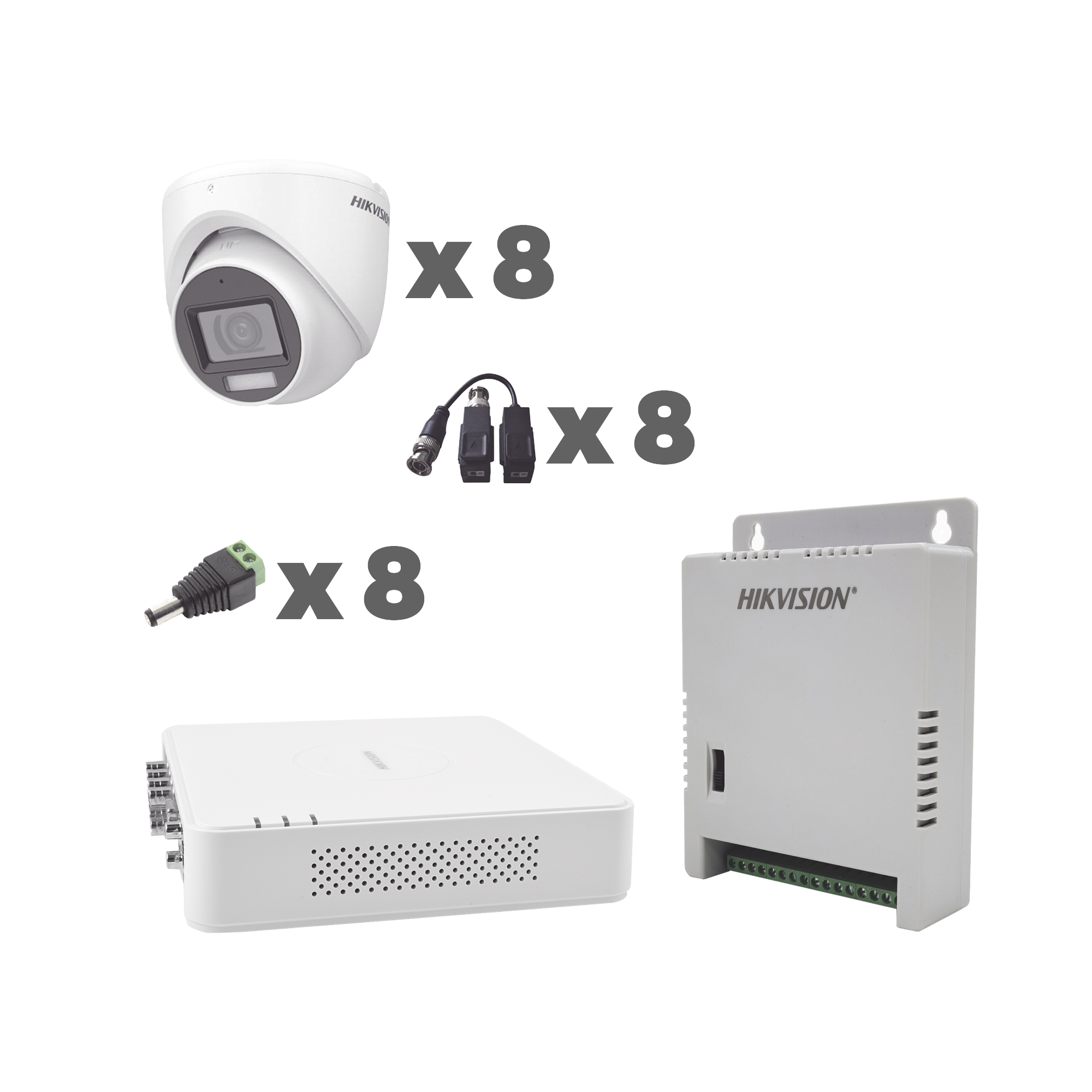 KIT TurboHD 1080p / DVR 8 Canales con audio por coaxitron / 8 Cámaras con Micrófono Integrado 101° Visión/  luz blanca + IR visión nocturna  / Transceptores / Conectores / Fuente de Poder Profesional